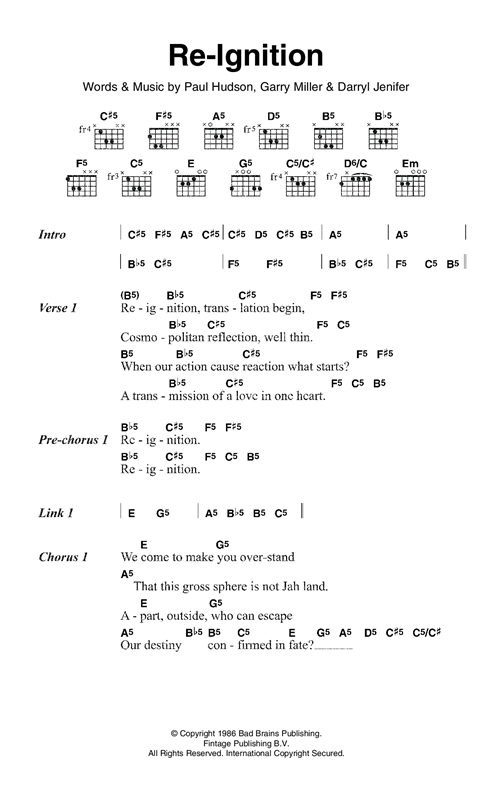 Bad Brains Re-Ignition Sheet Music Notes & Chords for Lyrics & Chords - Download or Print PDF