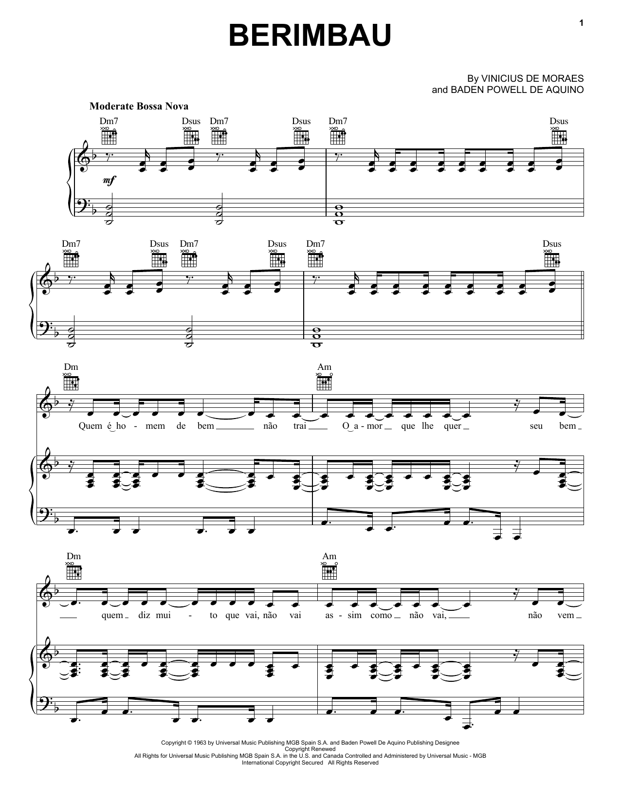 Baden Powell De Aquino Berimbau Sheet Music Notes & Chords for Piano, Vocal & Guitar (Right-Hand Melody) - Download or Print PDF