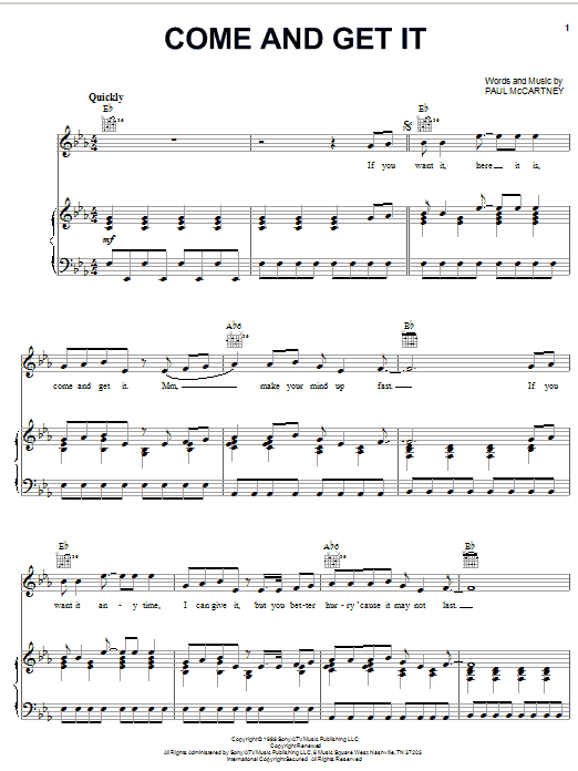 Badfinger Come And Get It Sheet Music Notes & Chords for Melody Line, Lyrics & Chords - Download or Print PDF