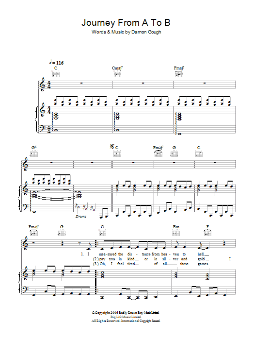 Badly Drawn Boy Journey From A To B Sheet Music Notes & Chords for Piano, Vocal & Guitar - Download or Print PDF