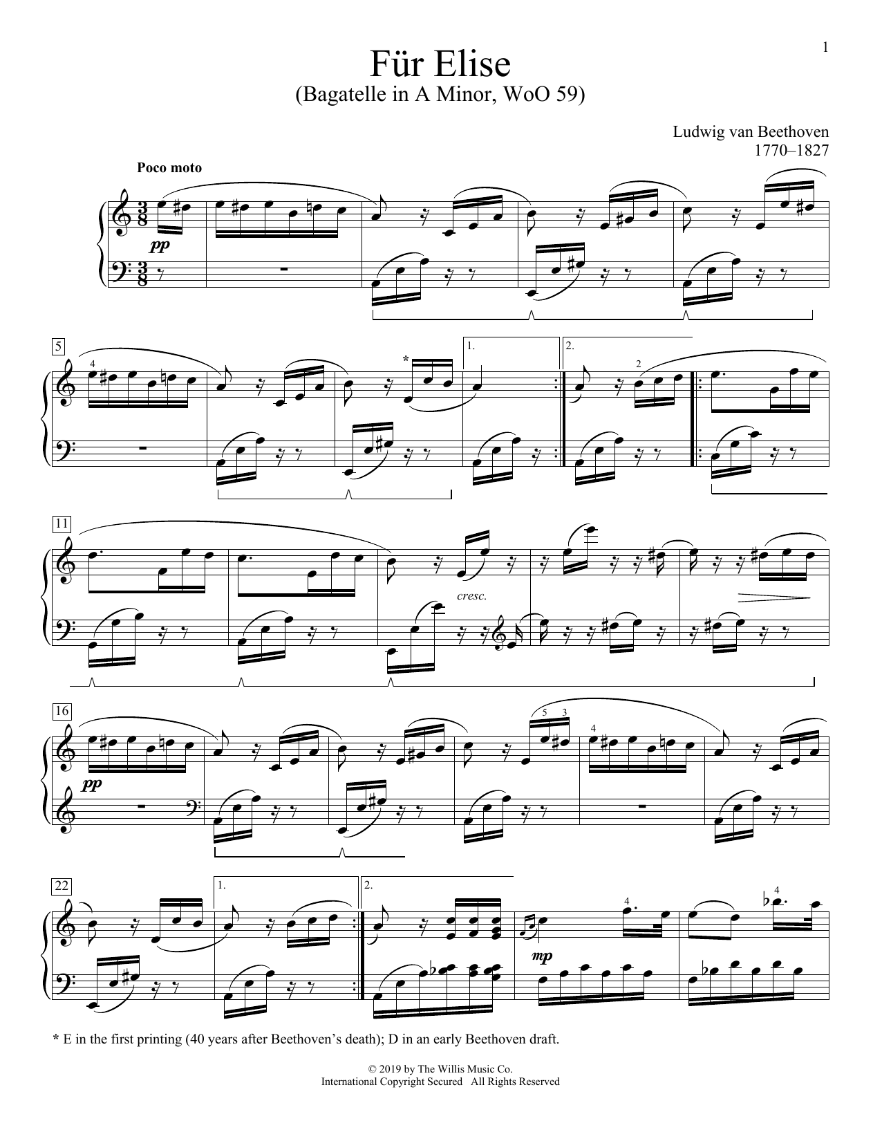 Ludwig Van Beethoven Bagatelle In A Minor Fur Elise Woo 59 Sheet Music Download Pdf Score