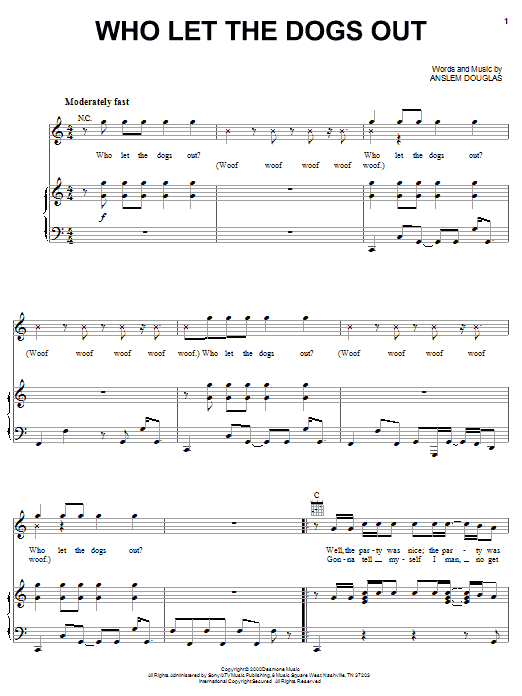 Preview Baha Men Who Let The Dogs Out Pop sheet music, notes and chords for Piano, Vocal & Guitar (Right-Hand Melody), SKU: 18236 Who Let The Dogs Out sheet music