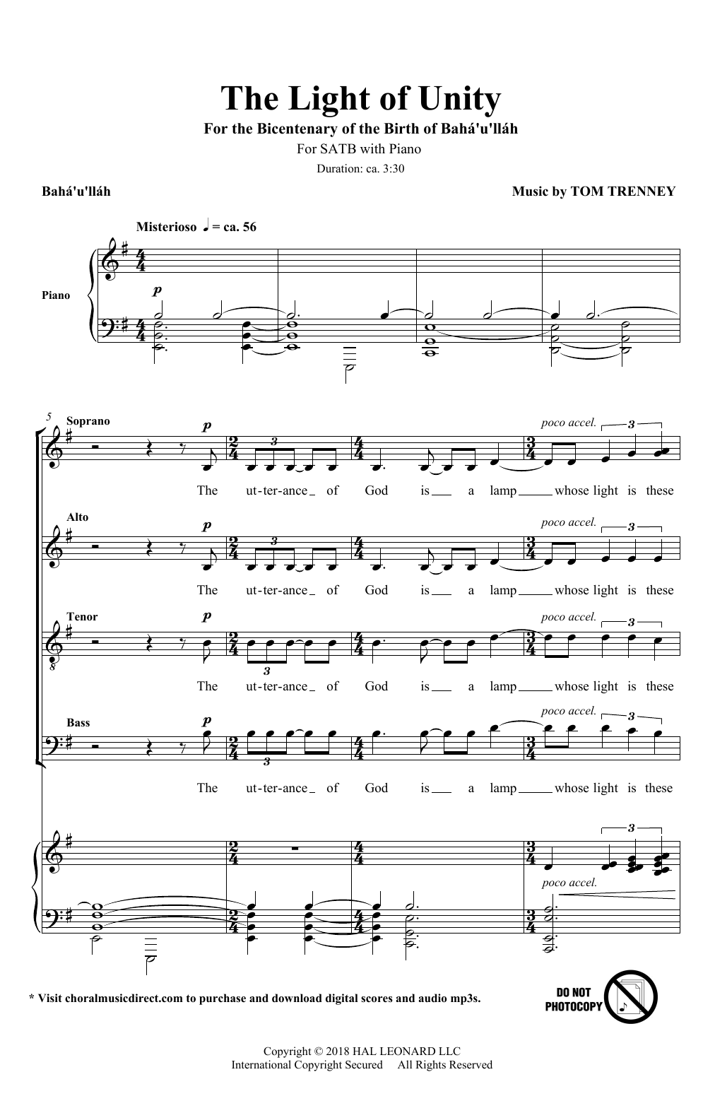 Baha''u''llah & Tom Trenney The Light Of Unity Sheet Music Notes & Chords for SATB Choir - Download or Print PDF