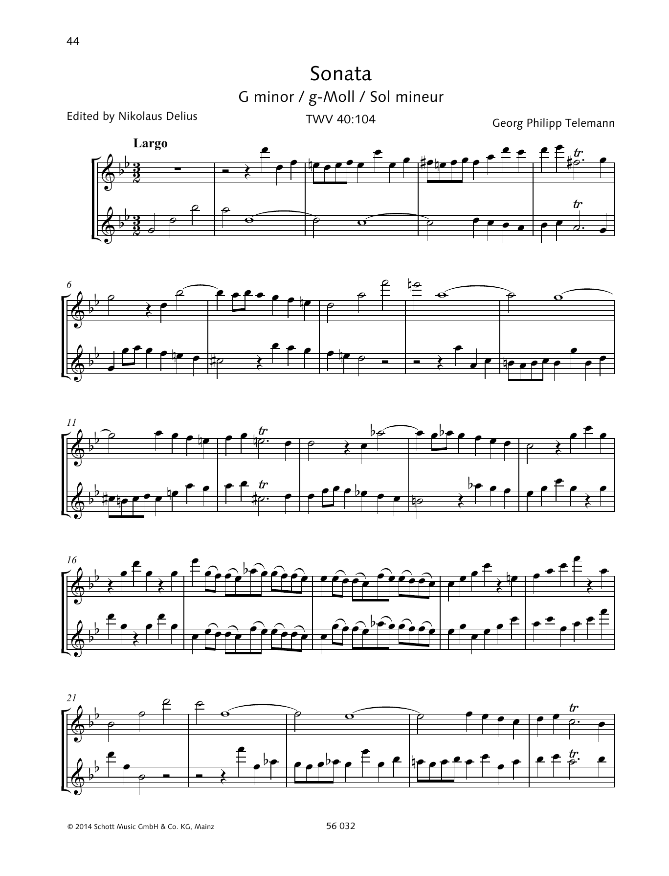 Baldassare Galuppi Sonata G minor Sheet Music Notes & Chords for Woodwind Solo - Download or Print PDF