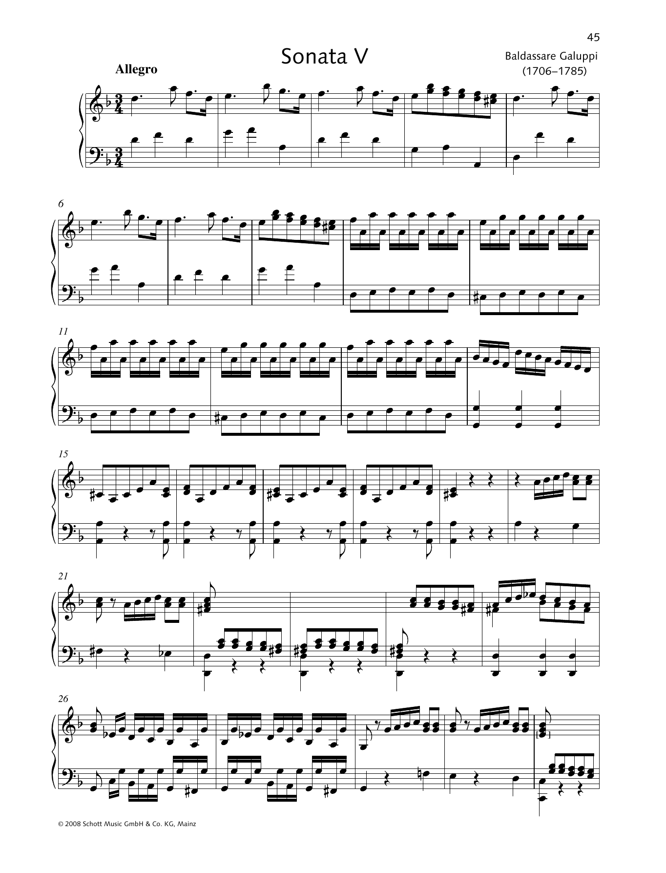 Baldassare Galuppi Sonata V D minor Sheet Music Notes & Chords for Piano Solo - Download or Print PDF