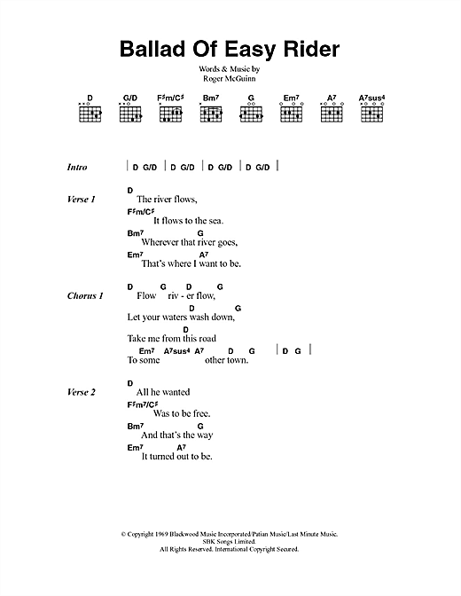 Preview The Byrds Ballad Of Easy Rider Pop sheet music, notes and chords for Melody Line, Lyrics & Chords, SKU: 179736 sheet music, piano notes, chords, guitar tabs, score, transpose, transcribe, how to play, guide, download, learn, tutorial, progression, song, artist, awards, billboard, mtv, vh1, tour, single, album, release