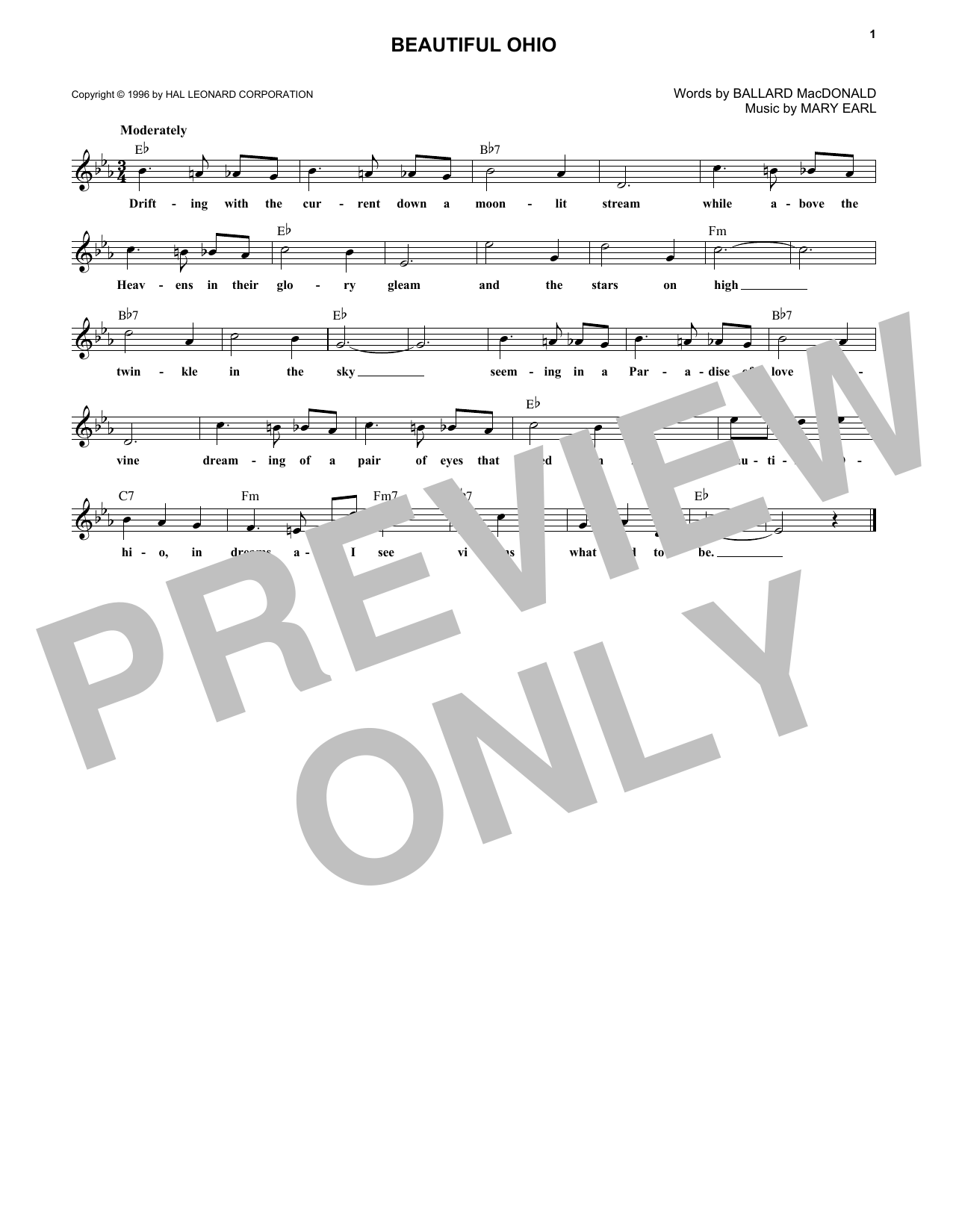 Ballard MacDonald Beautiful Ohio Sheet Music Notes & Chords for Melody Line, Lyrics & Chords - Download or Print PDF