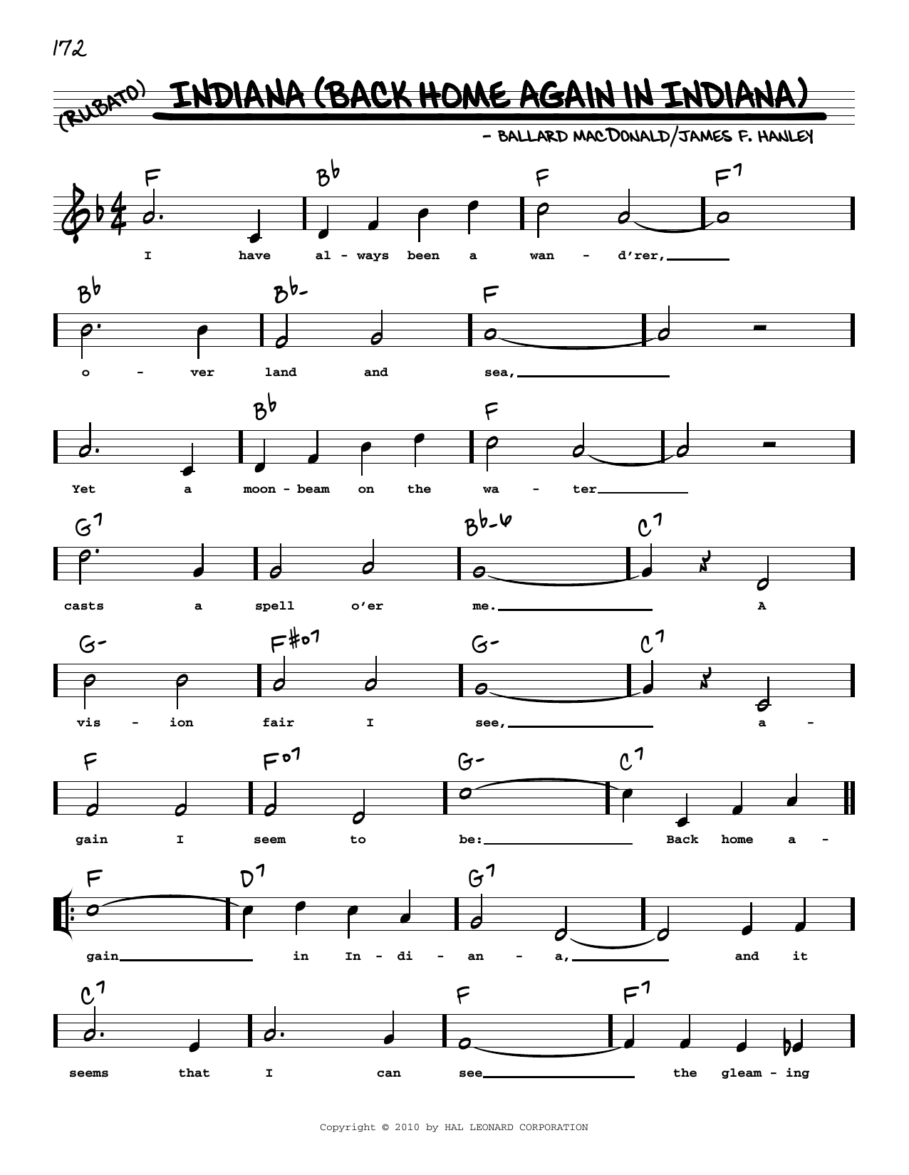Ballard MacDonald Indiana (Back Home Again In Indiana) (arr. Robert Rawlins) Sheet Music Notes & Chords for Real Book – Melody, Lyrics & Chords - Download or Print PDF