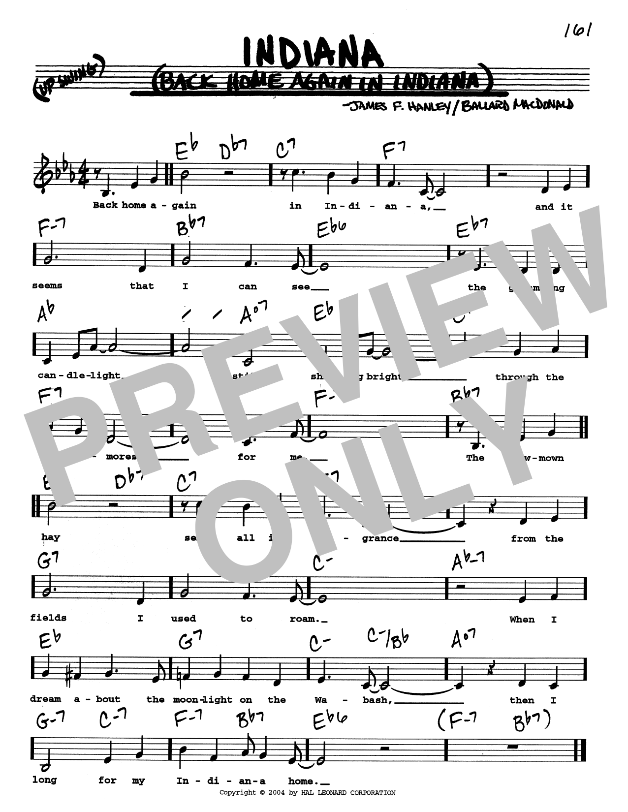 Ballard MacDonald Indiana (Back Home Again In Indiana) (Low Voice) Sheet Music Notes & Chords for Real Book – Melody, Lyrics & Chords - Download or Print PDF