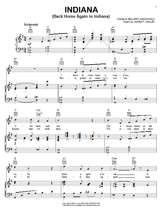 Ballard MacDonald Indiana (Back Home Again In Indiana) Sheet Music Notes & Chords for Piano, Vocal & Guitar (Right-Hand Melody) - Download or Print PDF