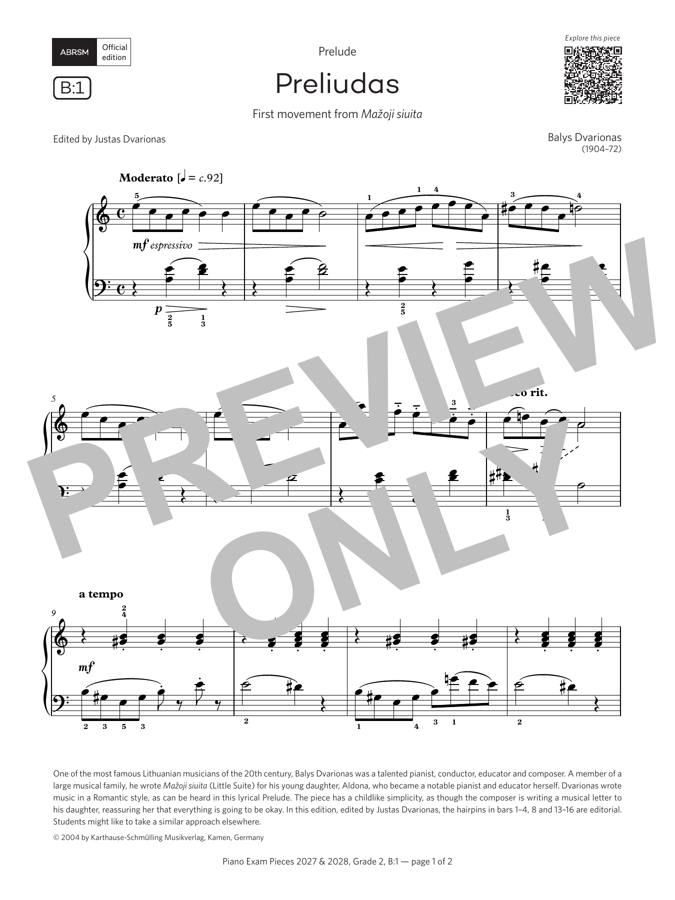 Balys Dvarionas Preludias (Grade 2, list B1, from the ABRSM Piano Syllabus 2027 & 2028) Sheet Music Notes & Chords for Piano Solo - Download or Print PDF