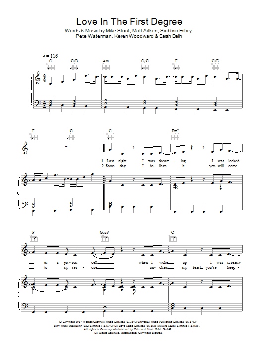 Bananarama Love In The First Degree Sheet Music Notes & Chords for Piano, Vocal & Guitar (Right-Hand Melody) - Download or Print PDF