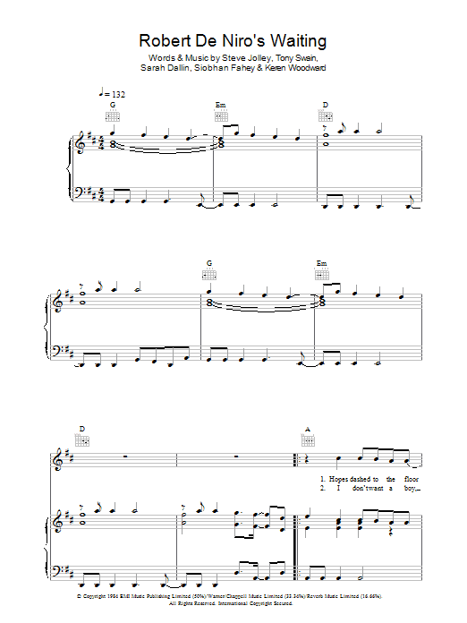 Bananarama Robert De Niro's Waiting Sheet Music Notes & Chords for Piano, Vocal & Guitar (Right-Hand Melody) - Download or Print PDF