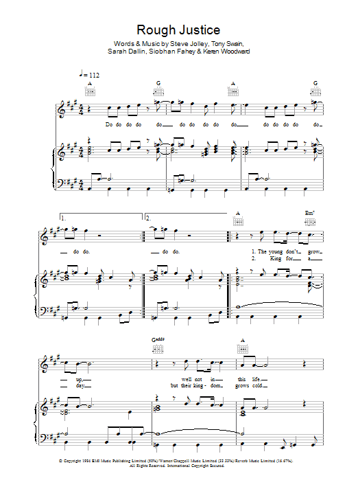 Bananarama Rough Justice Sheet Music Notes & Chords for Piano, Vocal & Guitar (Right-Hand Melody) - Download or Print PDF