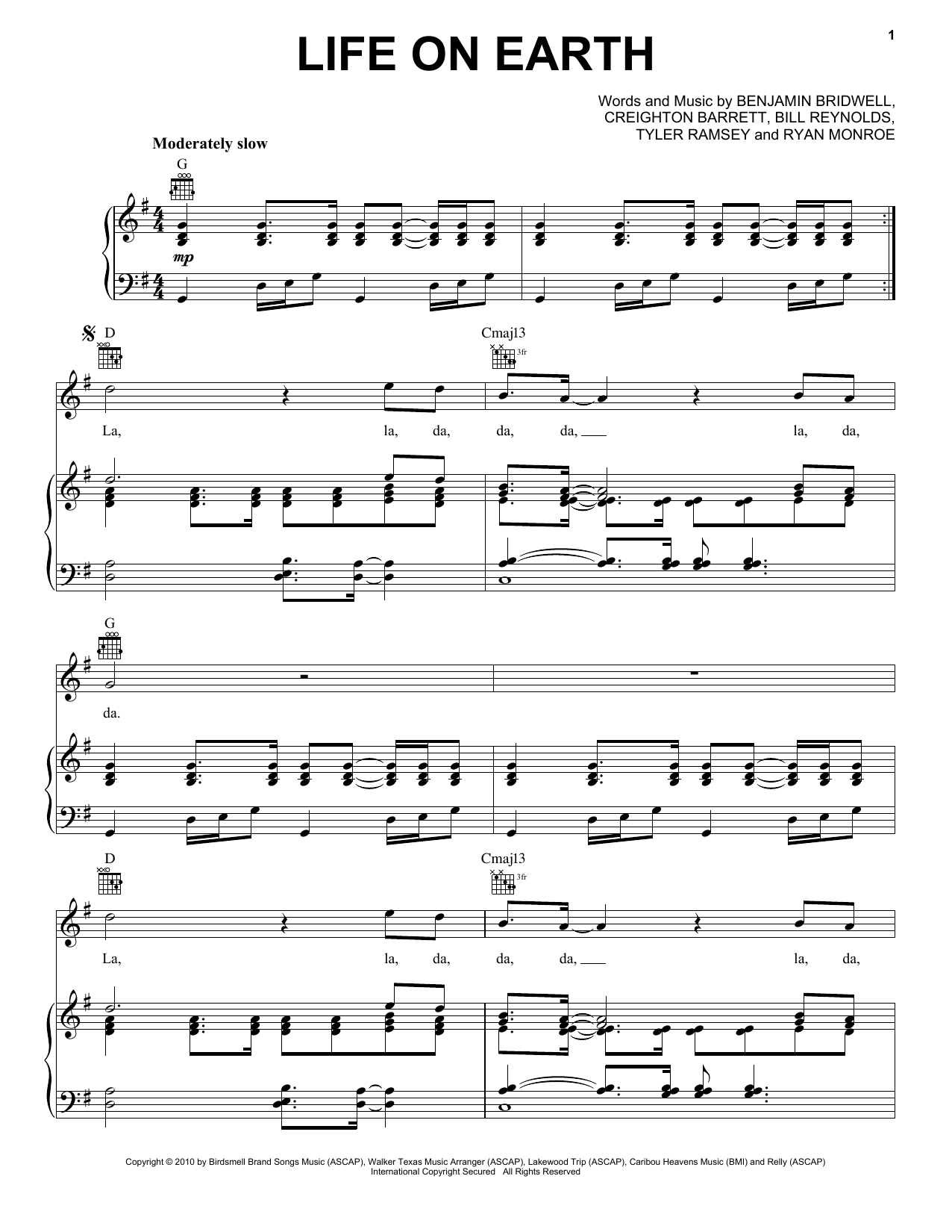 Band Of Horses Life On Earth Sheet Music Notes & Chords for Piano, Vocal & Guitar (Right-Hand Melody) - Download or Print PDF