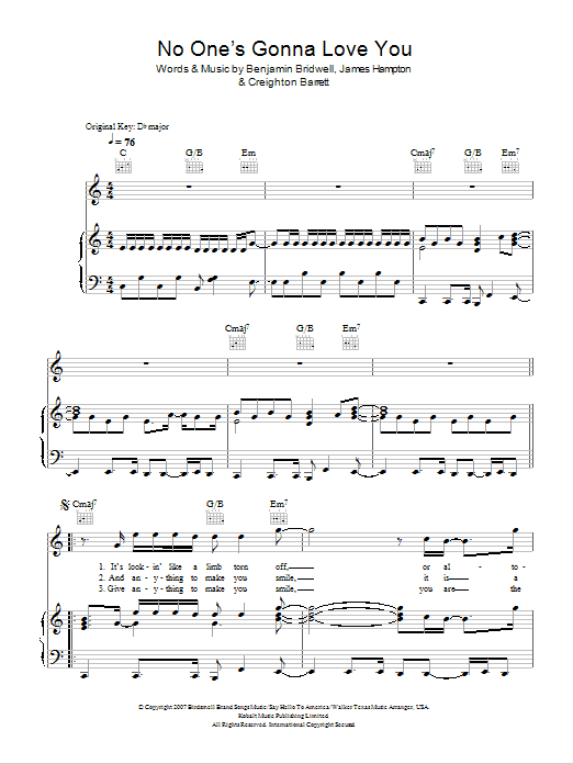Band Of Horses No One's Gonna Love You Sheet Music Notes & Chords for Piano, Vocal & Guitar (Right-Hand Melody) - Download or Print PDF
