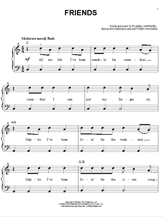 Band Of Skulls Friends Sheet Music Notes & Chords for Easy Piano - Download or Print PDF