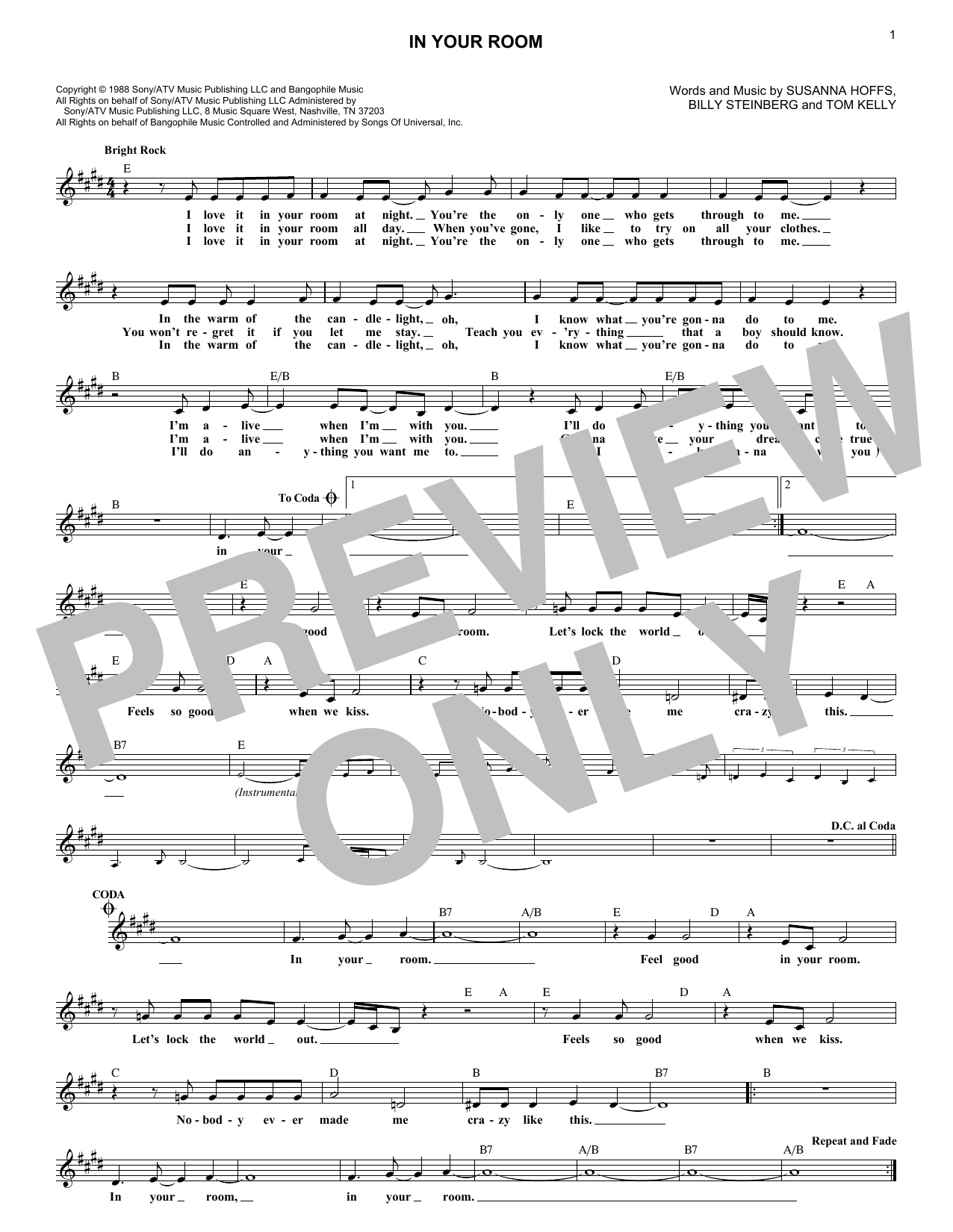 The Bangles In Your Room Sheet Music Notes & Chords for Melody Line, Lyrics & Chords - Download or Print PDF
