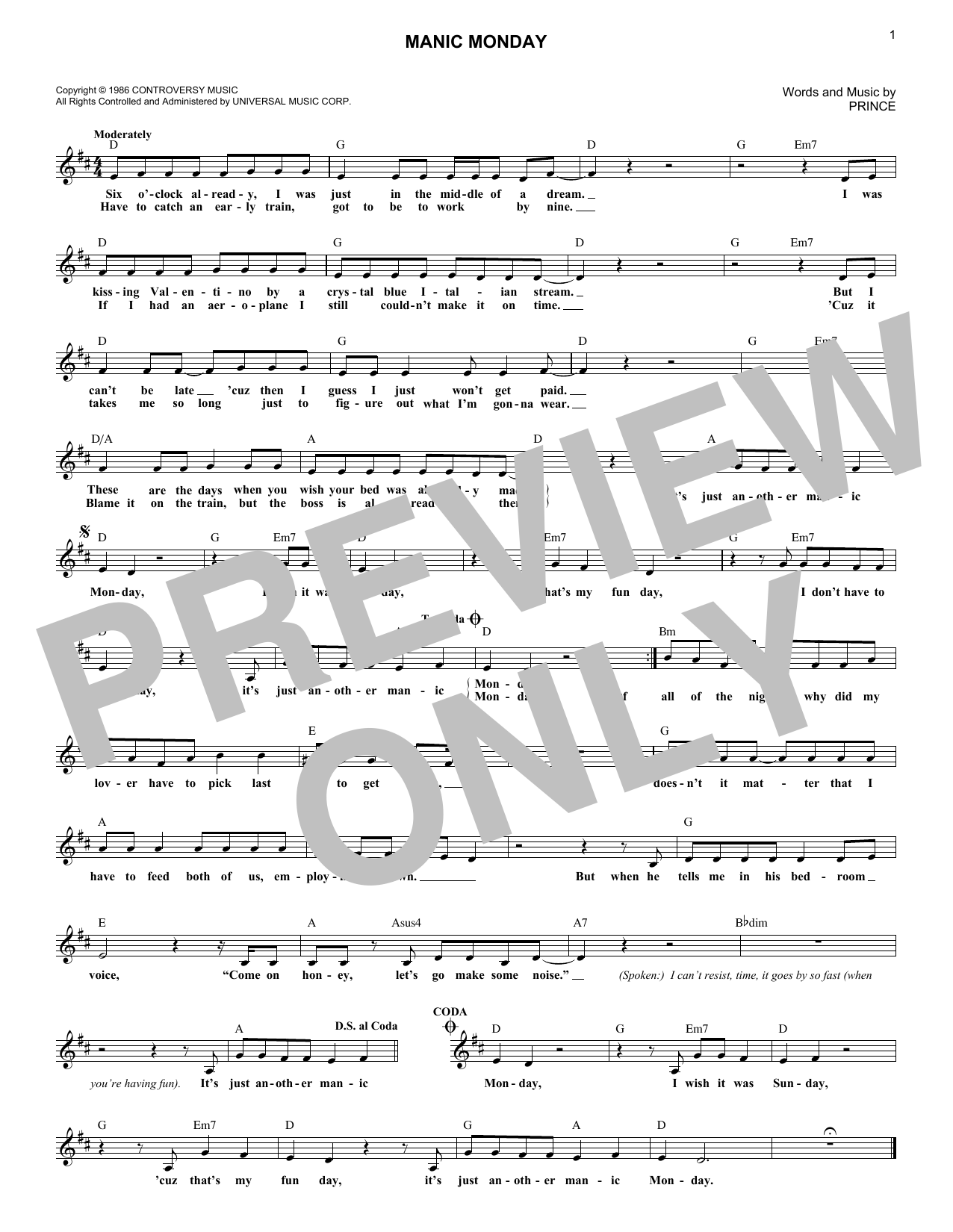 Bangles Manic Monday Sheet Music Notes & Chords for Piano, Vocal & Guitar Chords (Right-Hand Melody) - Download or Print PDF