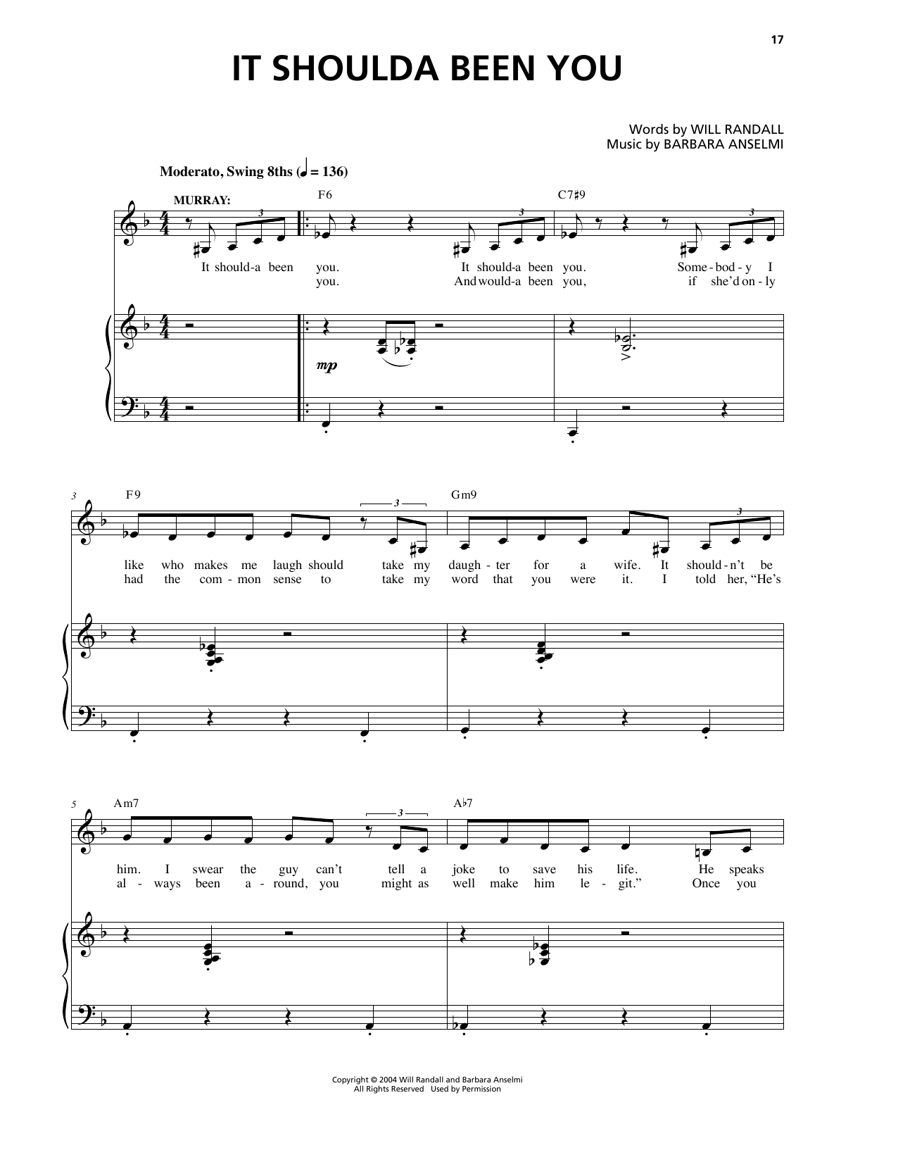 Barbara Anselmi & Will Randall It Shoulda Been You Sheet Music Notes & Chords for Piano & Vocal - Download or Print PDF