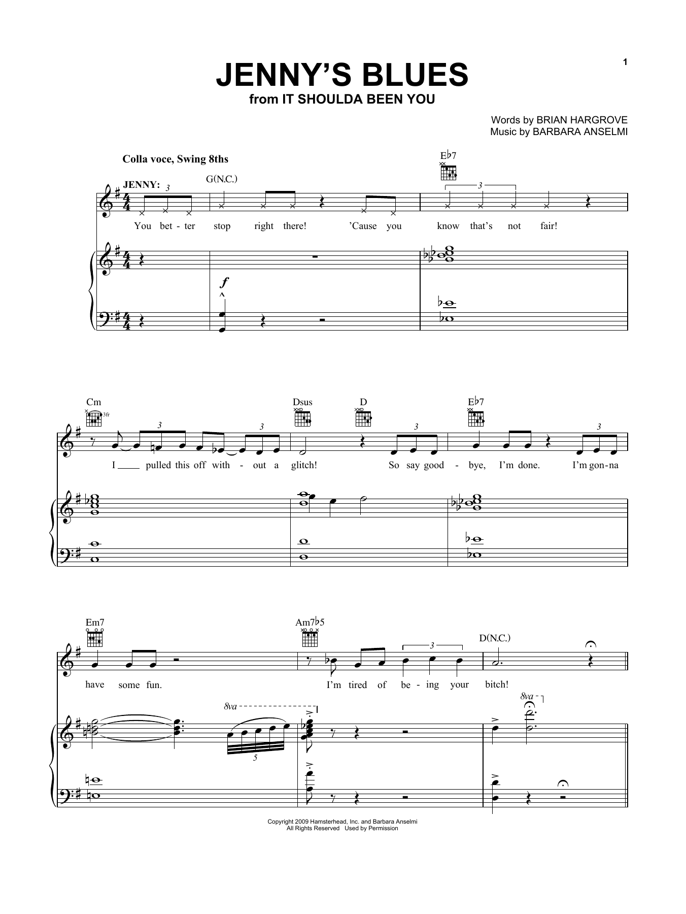 Barbara Anselmi and Brian Hargrove Jenny's Blues (from It Shoulda Been You) Sheet Music Notes & Chords for Vocal Pro + Piano/Guitar - Download or Print PDF