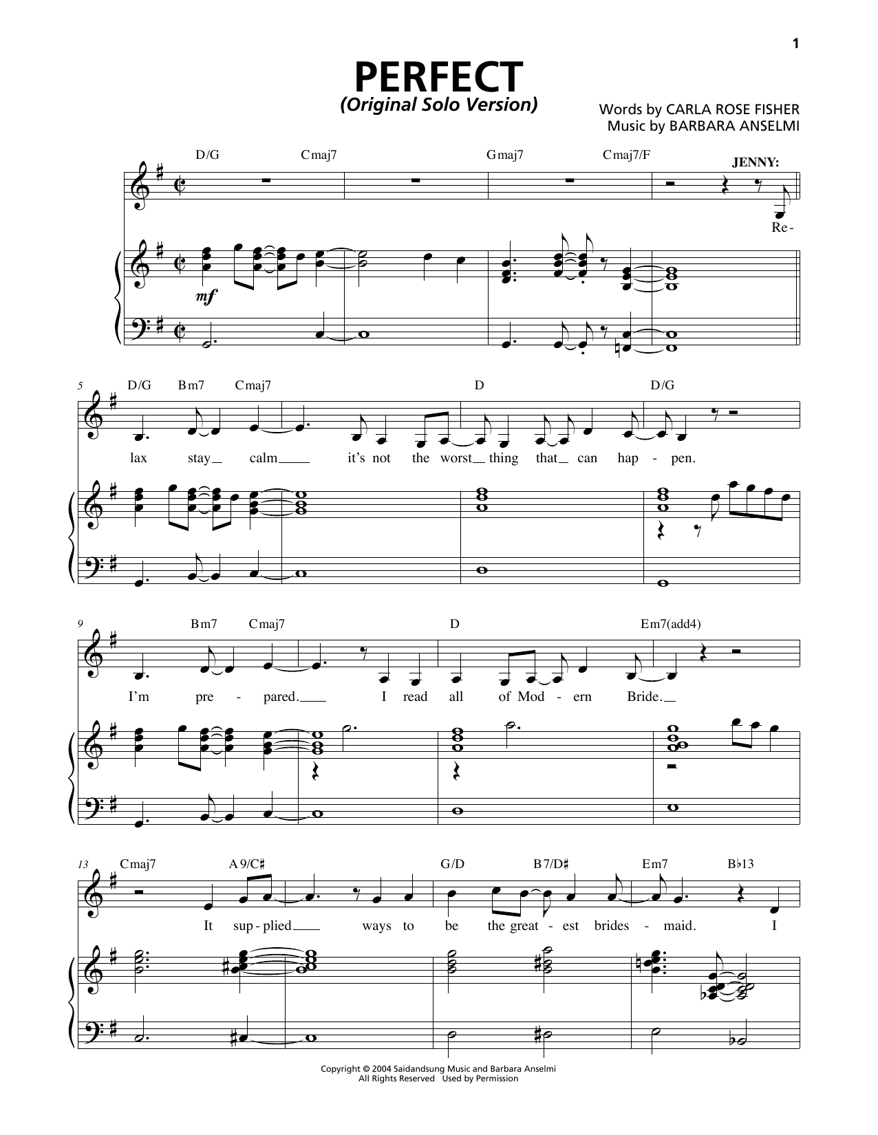 Barbara Anselmi and Carla Rose Fisher Perfect (Original Solo Version) Sheet Music Notes & Chords for Piano & Vocal - Download or Print PDF