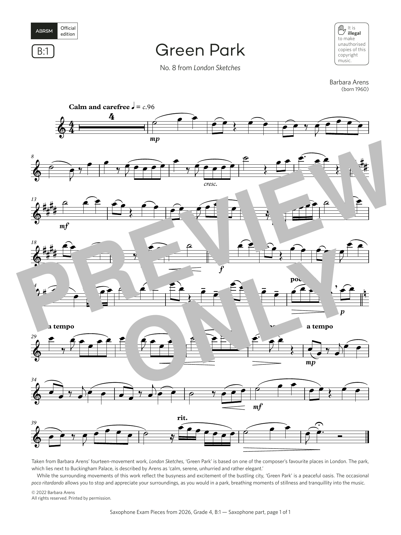 Barbara Arens Green Park (Grade 4, list B1, from the ABRSM Saxophone Syllabus from 2026) Sheet Music Notes & Chords for Alto Sax Solo - Download or Print PDF