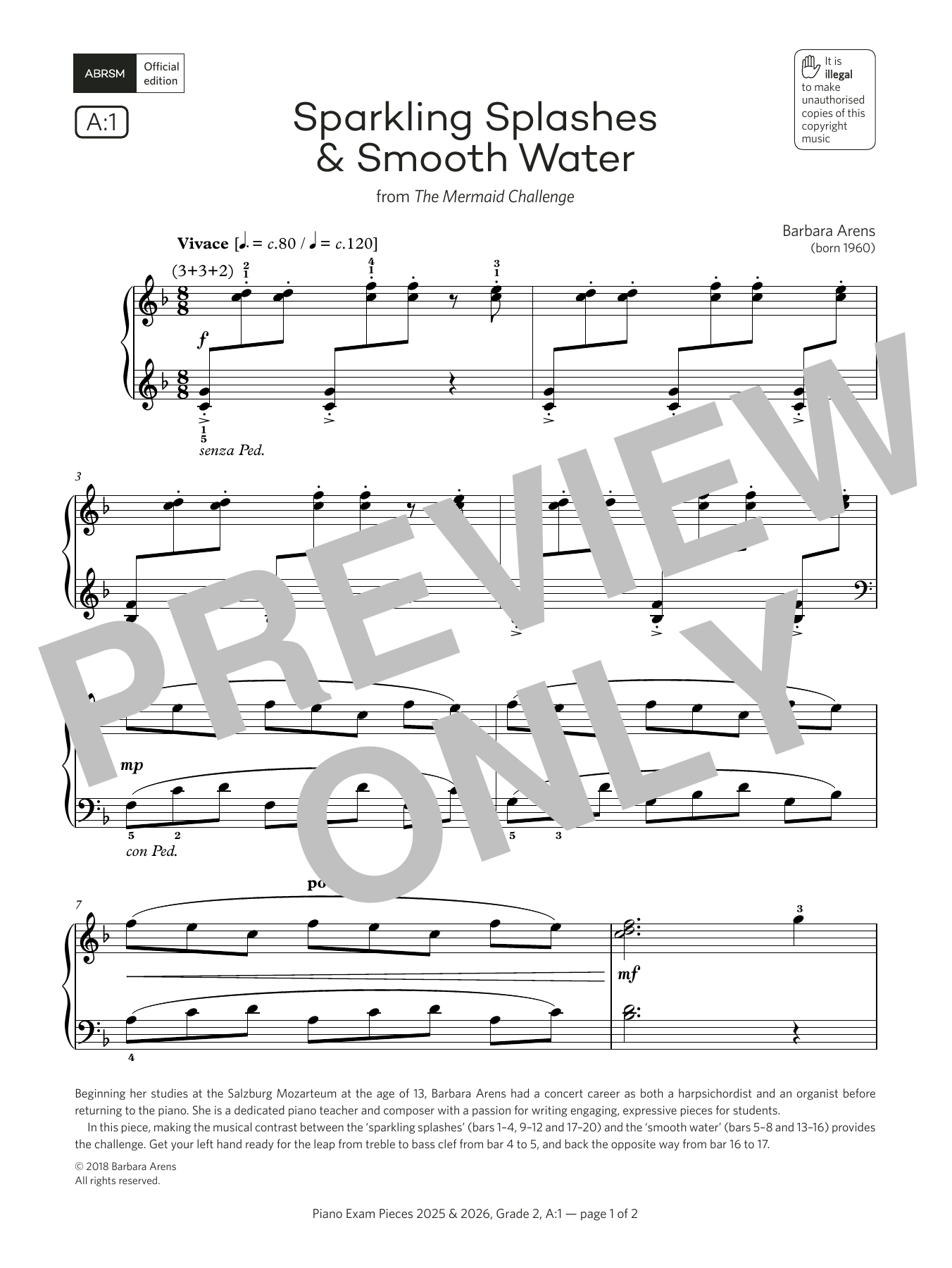 Barbara Arens Sparkling Splashes & Smooth Water (Grade 2, list A1, from the ABRSM Piano Syllabus 2025 & 2026) Sheet Music Notes & Chords for Piano Solo - Download or Print PDF