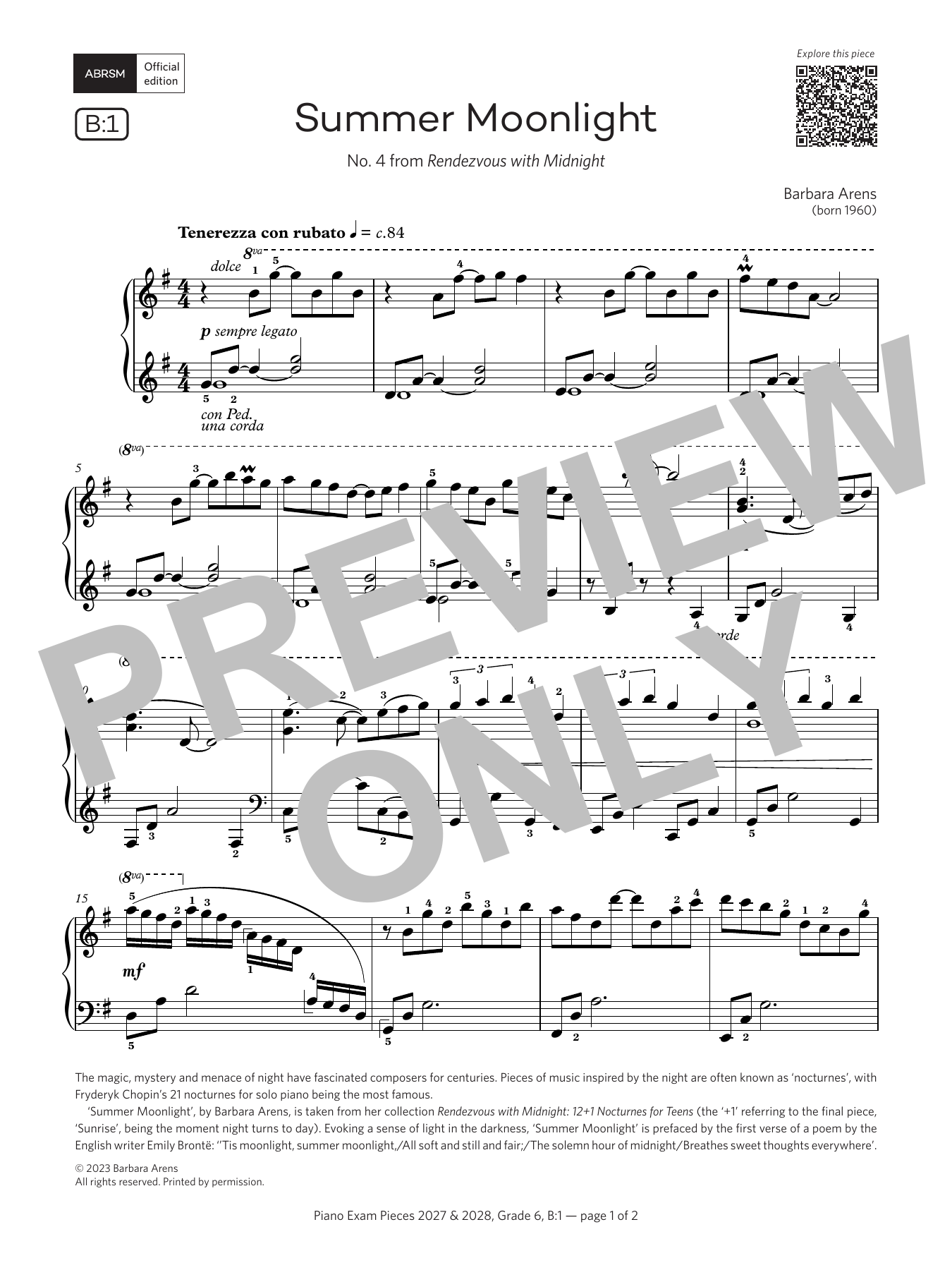 Barbara Arens Summer Moonlight (Grade 6, list B1, from the ABRSM Piano Syllabus 2027 & 2028) Sheet Music Notes & Chords for Piano Solo - Download or Print PDF