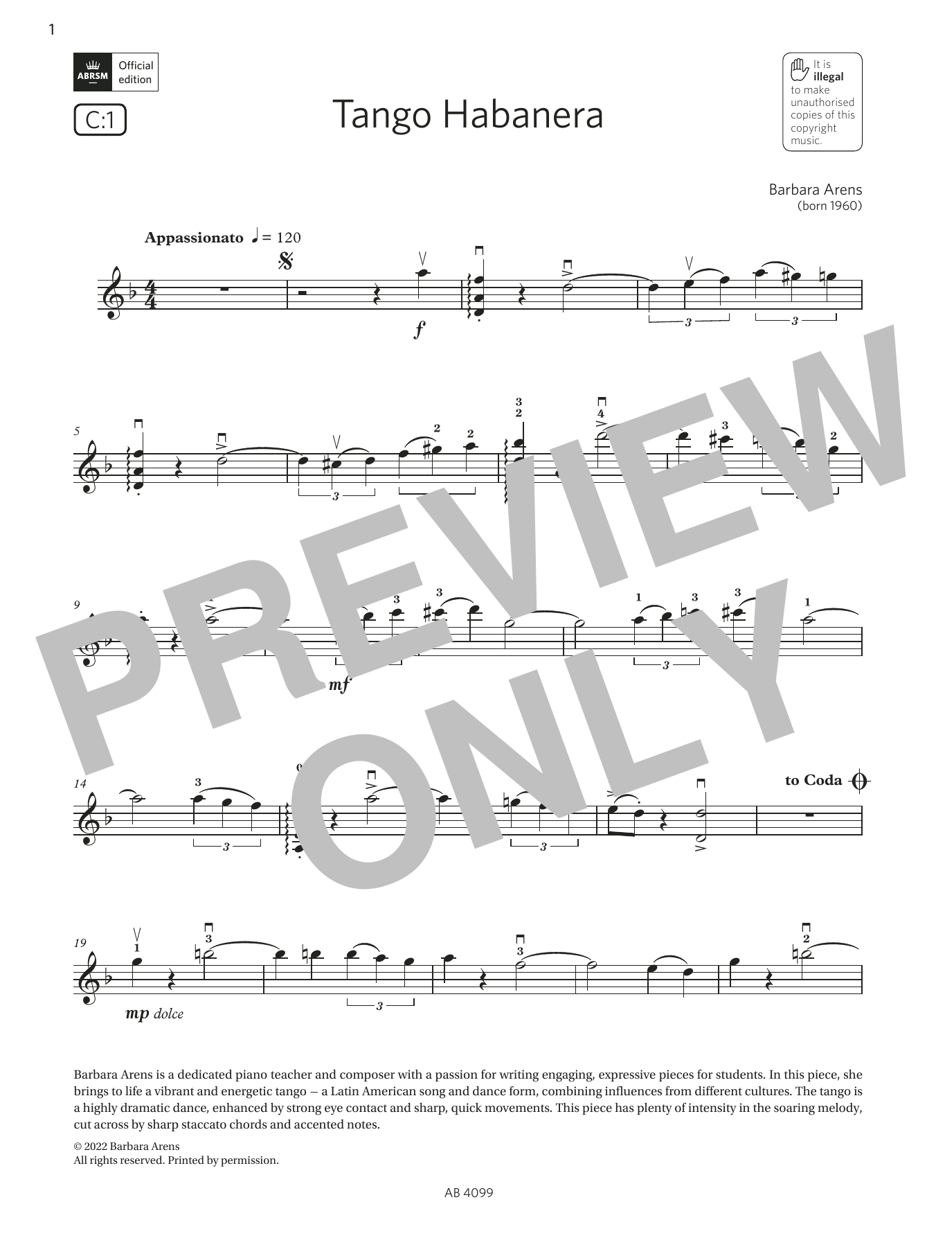 Barbara Arens Tango Habanera (Grade 5, C1, from the ABRSM Violin Syllabus from 2024) Sheet Music Notes & Chords for Violin Solo - Download or Print PDF