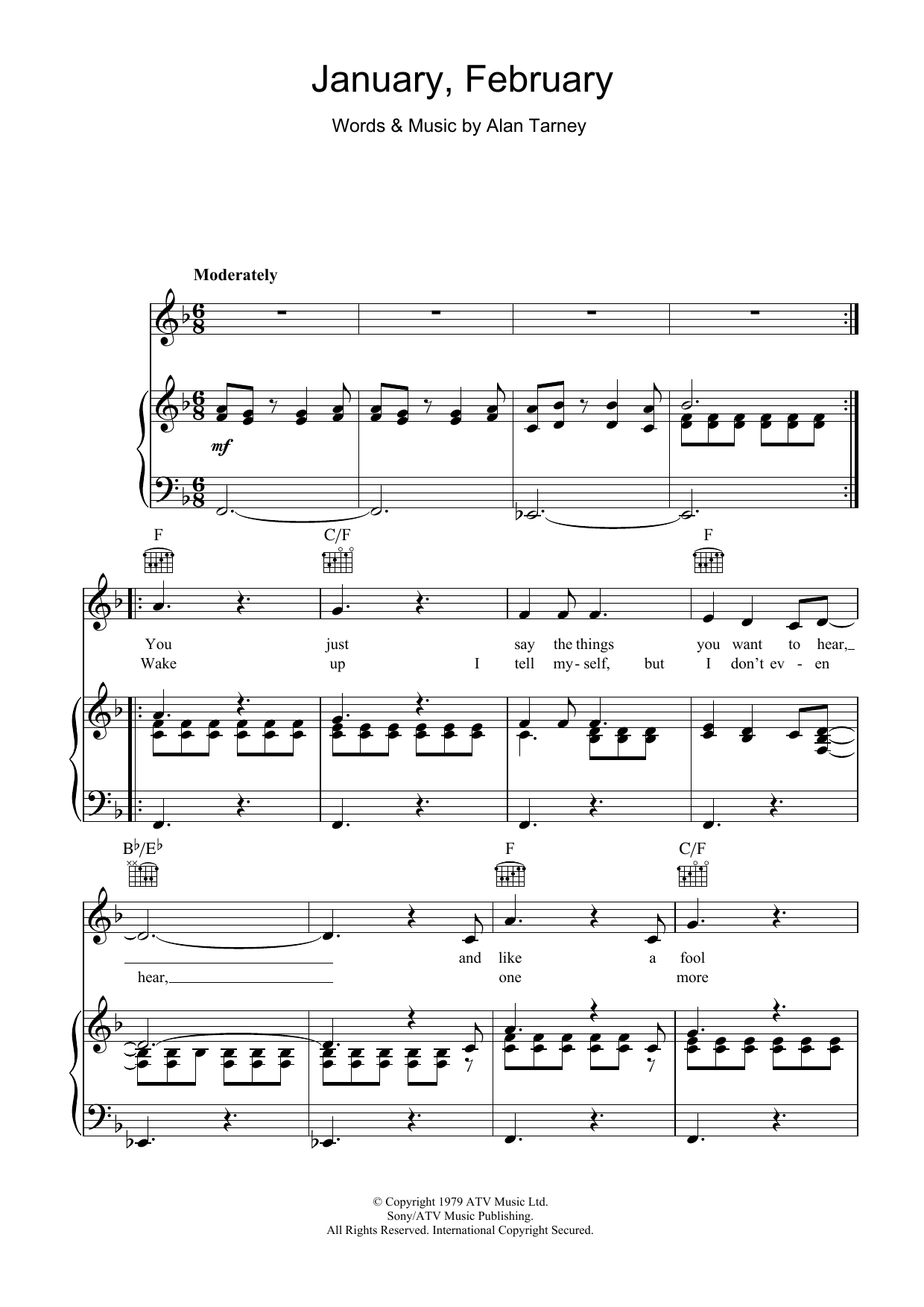 Barbara Dickson January, February Sheet Music Notes & Chords for Piano, Vocal & Guitar (Right-Hand Melody) - Download or Print PDF