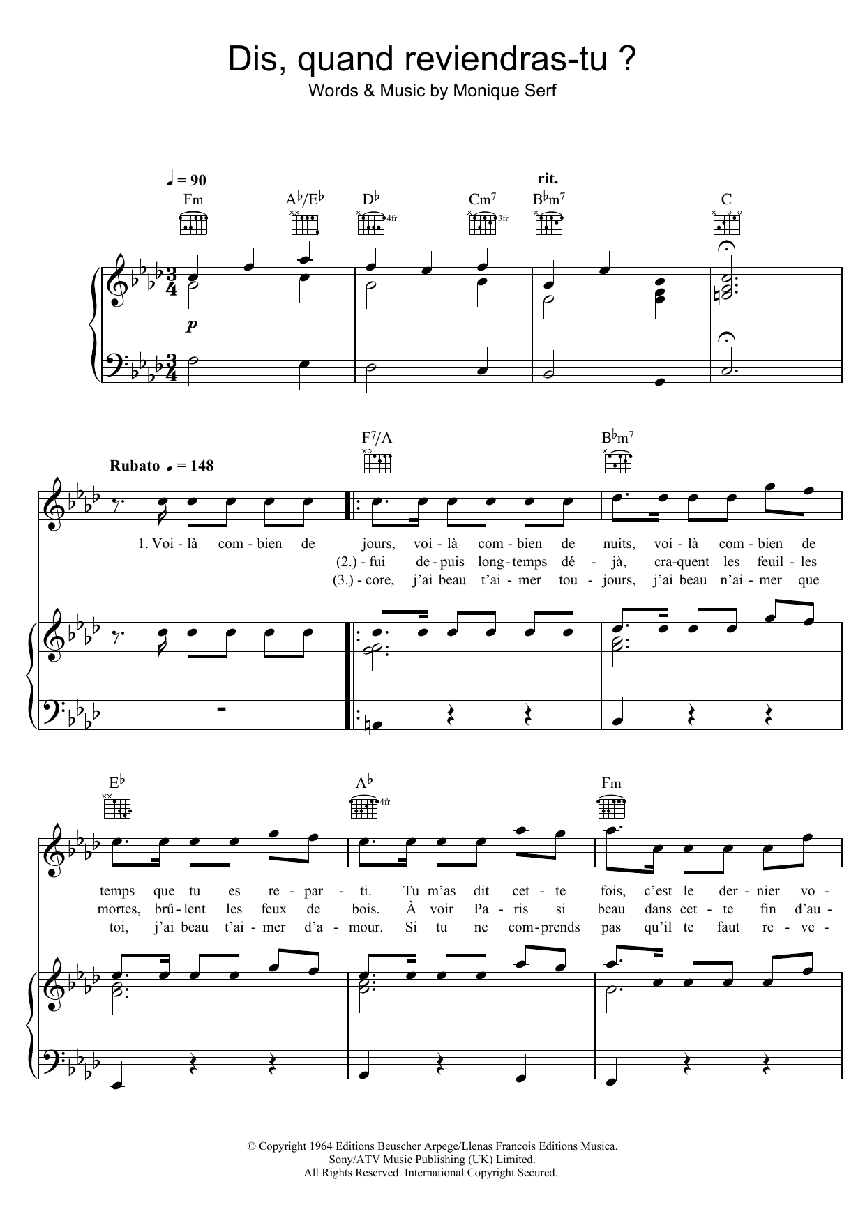 Barbara Dis, Quand Reviendras Tu ? Sheet Music Notes & Chords for Piano, Vocal & Guitar (Right-Hand Melody) - Download or Print PDF