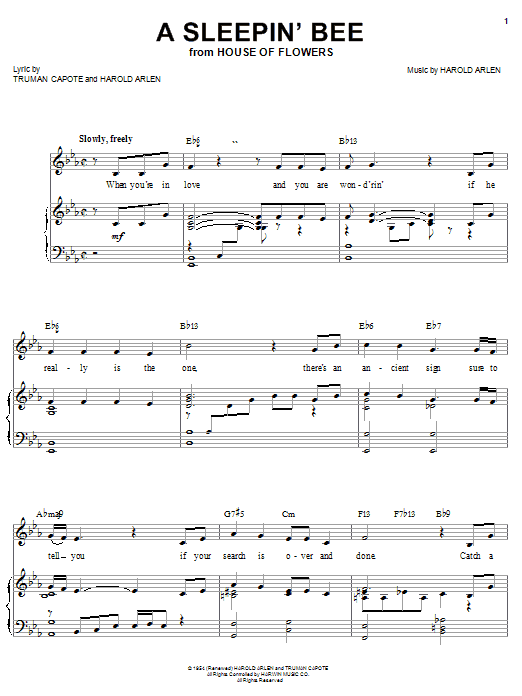Barbra Streisand A Sleepin' Bee Sheet Music Notes & Chords for Piano, Vocal & Guitar (Right-Hand Melody) - Download or Print PDF