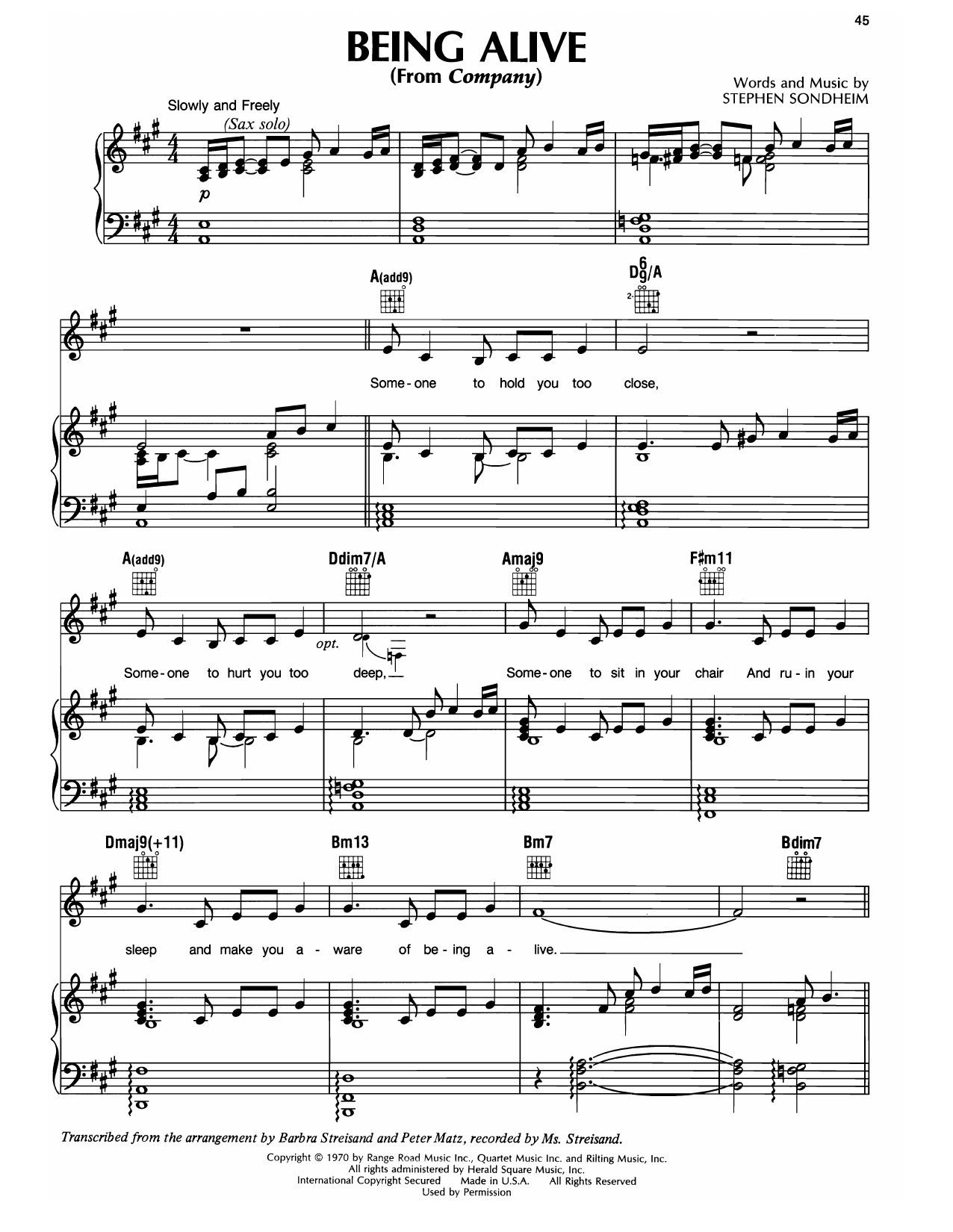 Barbra Streisand Being Alive Sheet Music Notes & Chords for Piano, Vocal & Guitar Chords (Right-Hand Melody) - Download or Print PDF