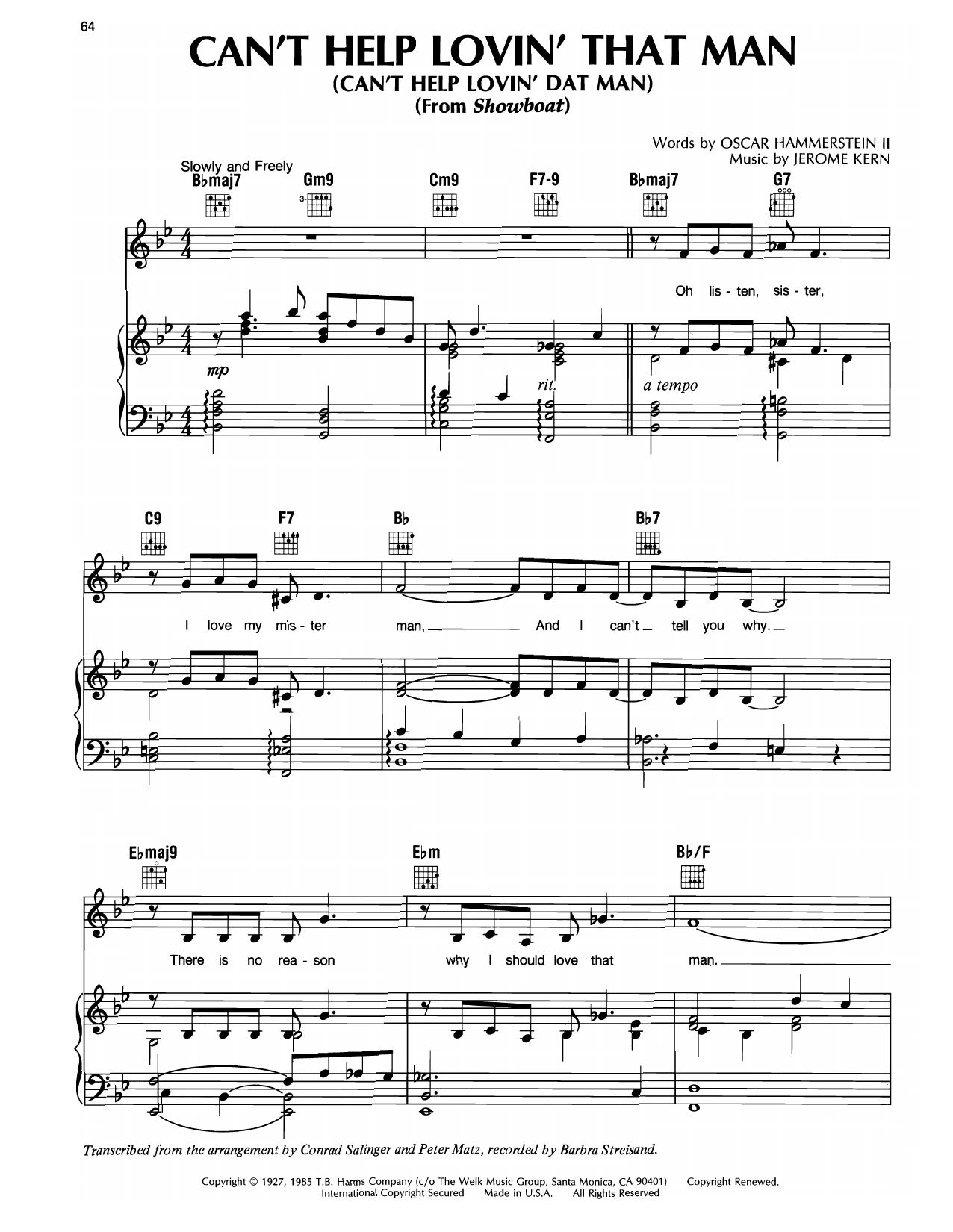 Barbra Streisand Can't Help Lovin' Dat Man Sheet Music Notes & Chords for Piano, Vocal & Guitar Chords (Right-Hand Melody) - Download or Print PDF