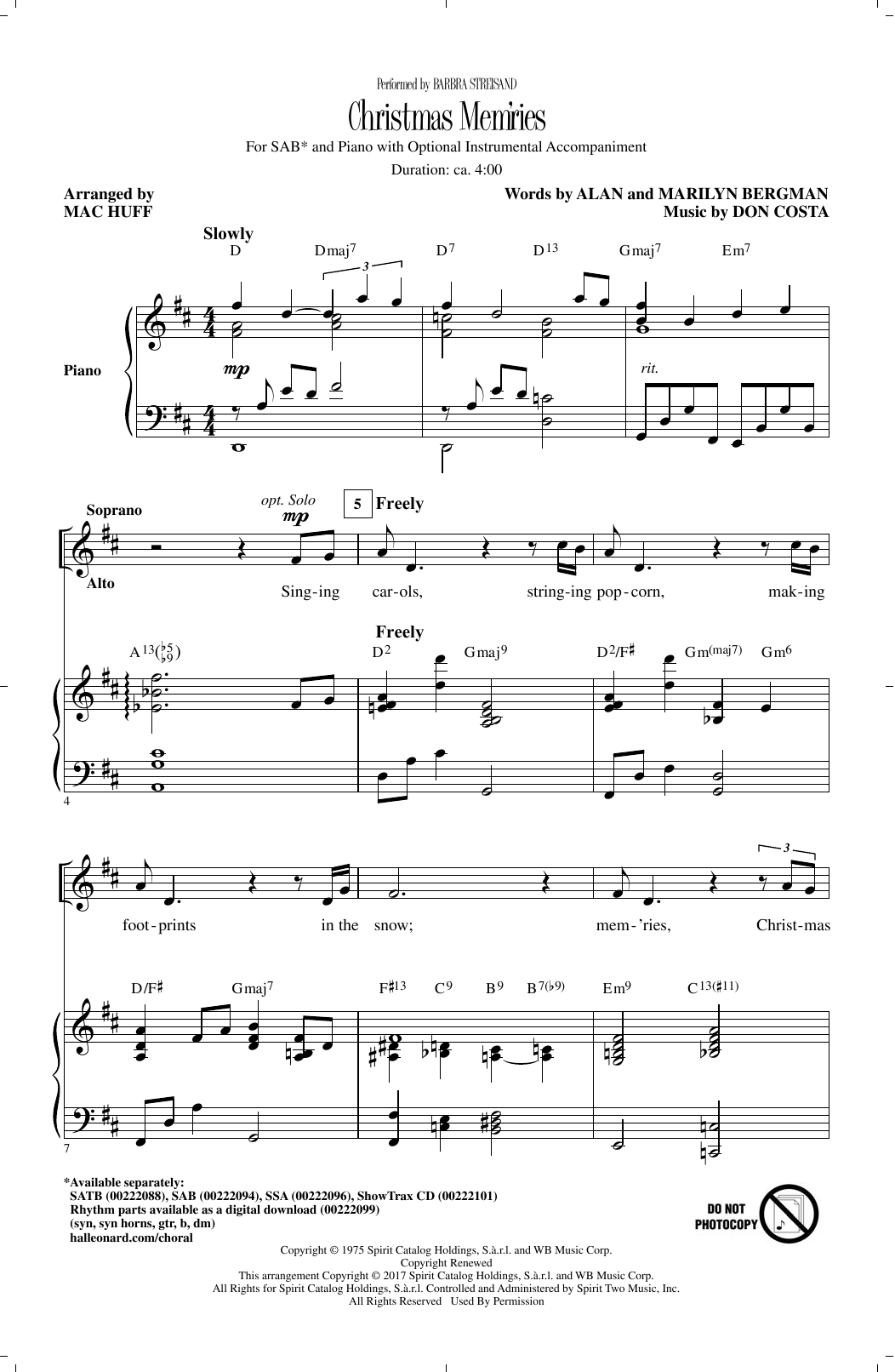 Barbra Streisand Christmas Mem'ries (arr. Mac Huff) Sheet Music Notes & Chords for SATB - Download or Print PDF