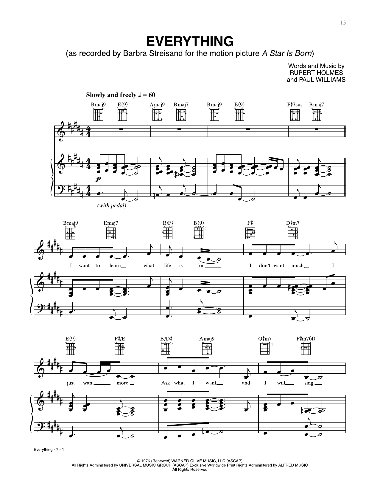 Barbra Streisand Everything (from A Star Is Born) Sheet Music Notes & Chords for Piano, Vocal & Guitar Chords (Right-Hand Melody) - Download or Print PDF