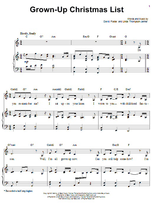 Barbra Streisand Grown-Up Christmas List Sheet Music Notes & Chords for Piano, Vocal & Guitar (Right-Hand Melody) - Download or Print PDF Barbra Streisand Grown-Up Christmas List Sheet Music Notes & Chords for Piano, Vocal & Guitar (Right-Hand Melody) - Download or Print PDF