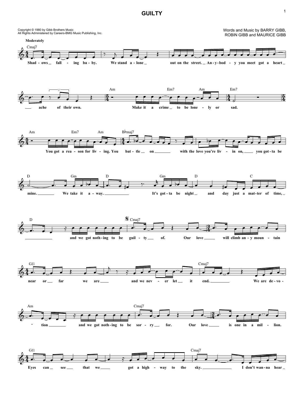 Barbra Streisand Guilty Sheet Music Notes & Chords for Melody Line, Lyrics & Chords - Download or Print PDF