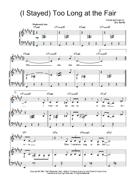 Barbra Streisand (I Stayed) Too Long At The Fair Sheet Music Notes & Chords for Piano, Vocal & Guitar (Right-Hand Melody) - Download or Print PDF