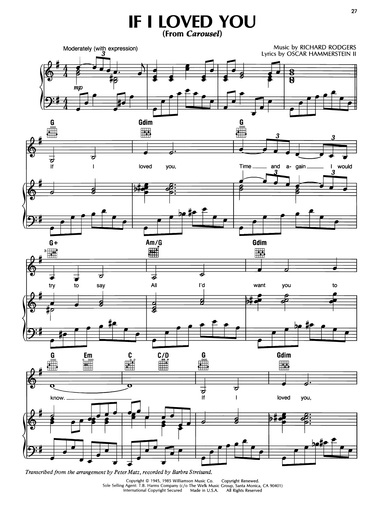 Barbra Streisand If I Loved You Sheet Music Notes & Chords for Piano, Vocal & Guitar (Right-Hand Melody) - Download or Print PDF