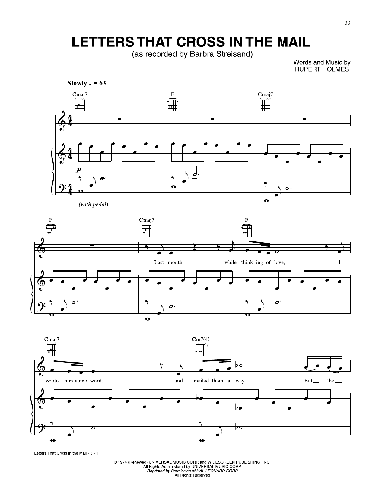 Barbra Streisand Letters That Cross In The Mail Sheet Music Notes & Chords for Piano, Vocal & Guitar Chords (Right-Hand Melody) - Download or Print PDF