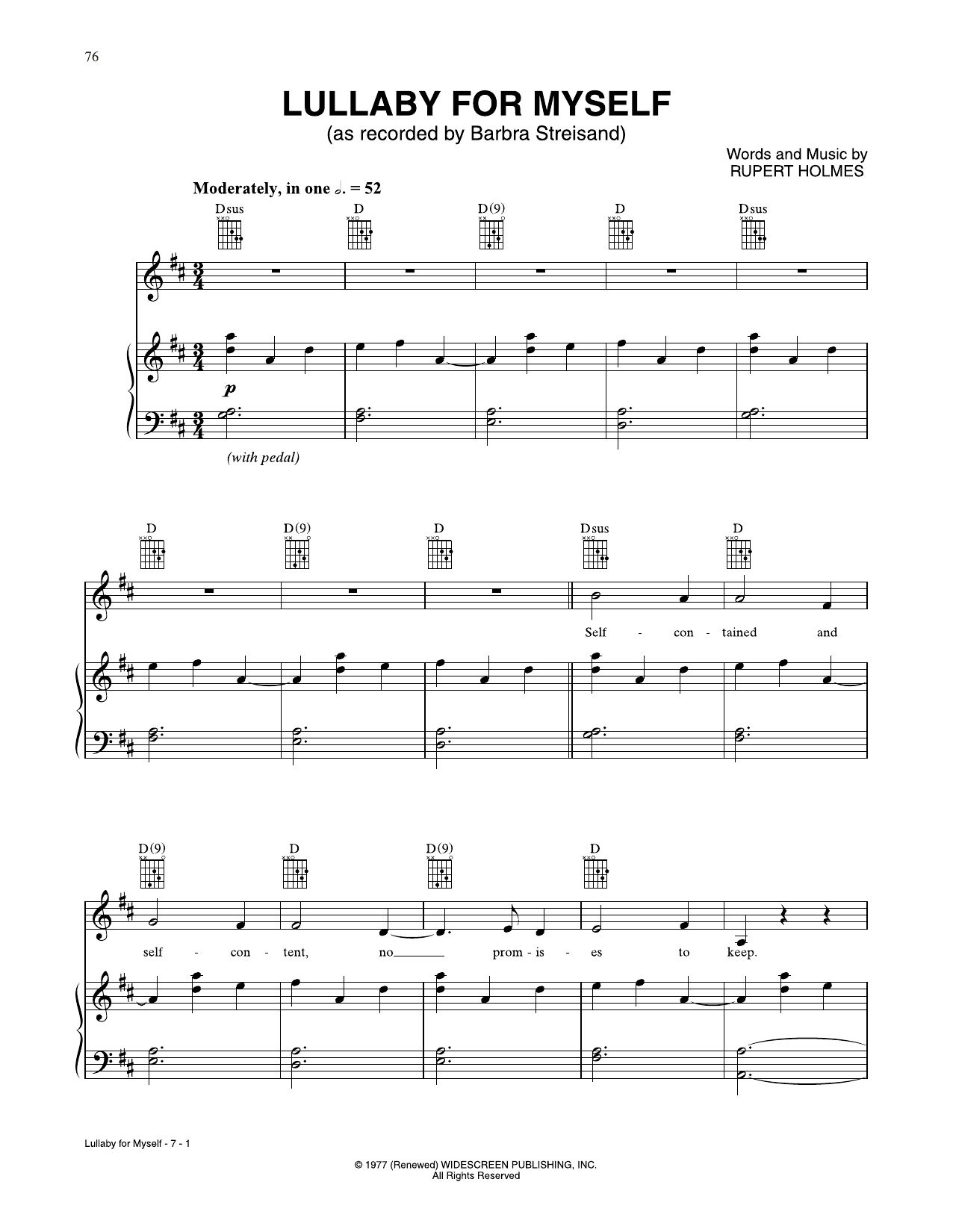 Barbra Streisand Lullaby For Myself Sheet Music Notes & Chords for Piano, Vocal & Guitar Chords (Right-Hand Melody) - Download or Print PDF
