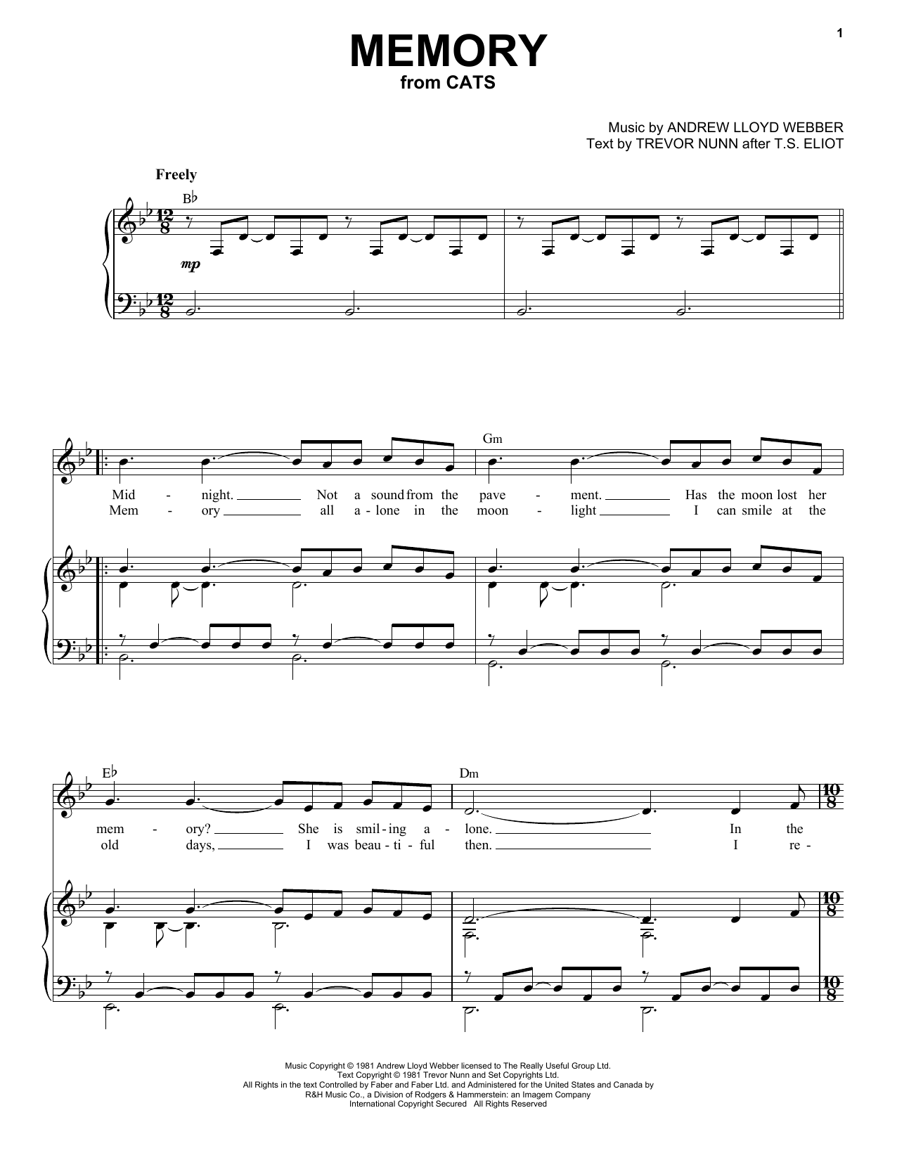 Barbra Streisand Memory (from Cats) Sheet Music Notes & Chords for Piano & Vocal - Download or Print PDF
