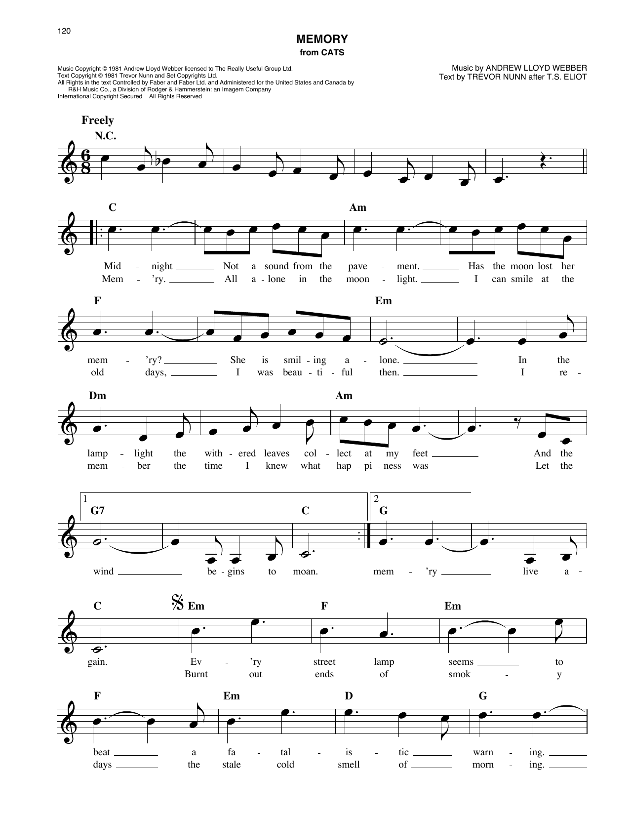 Barbra Streisand Memory Sheet Music Notes & Chords for Easy Lead Sheet / Fake Book - Download or Print PDF