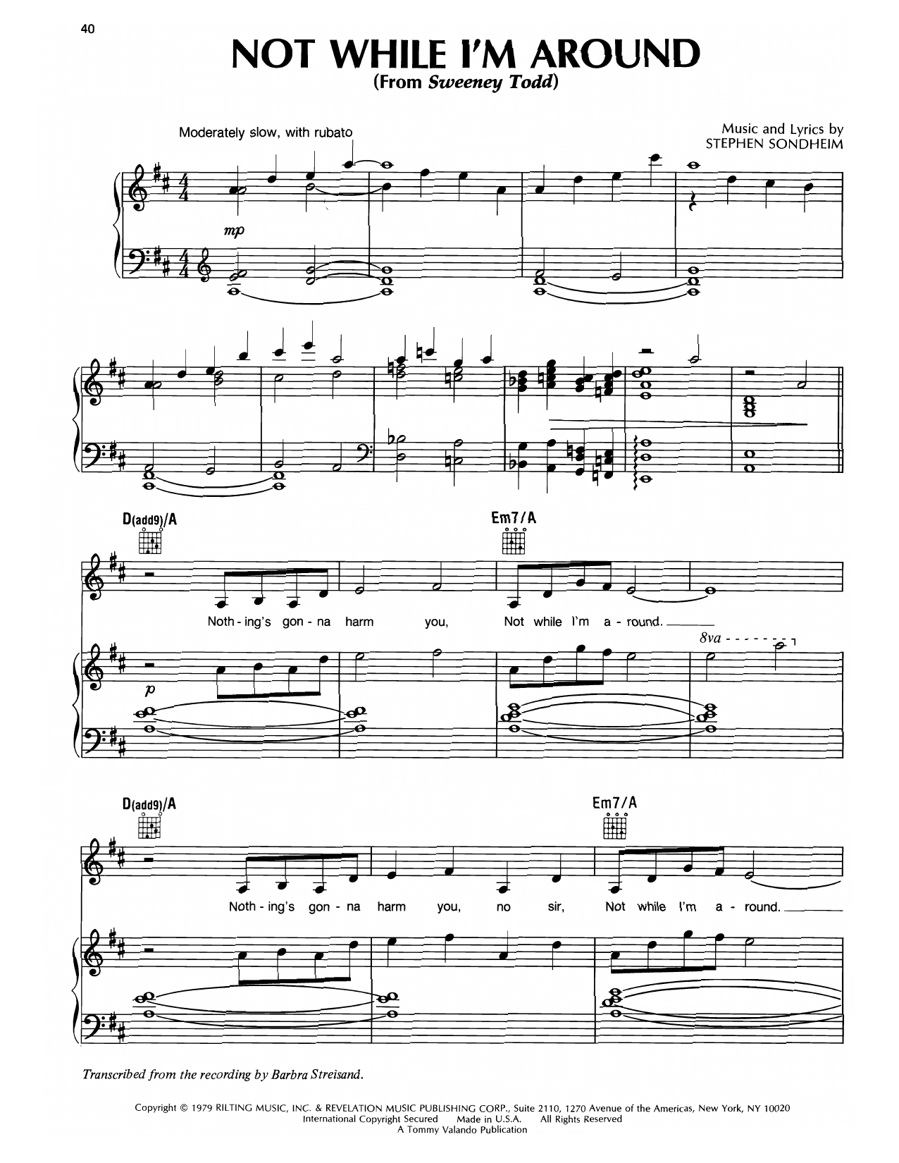 Barbra Streisand Not While I'm Around Sheet Music Notes & Chords for Piano, Vocal & Guitar Chords (Right-Hand Melody) - Download or Print PDF