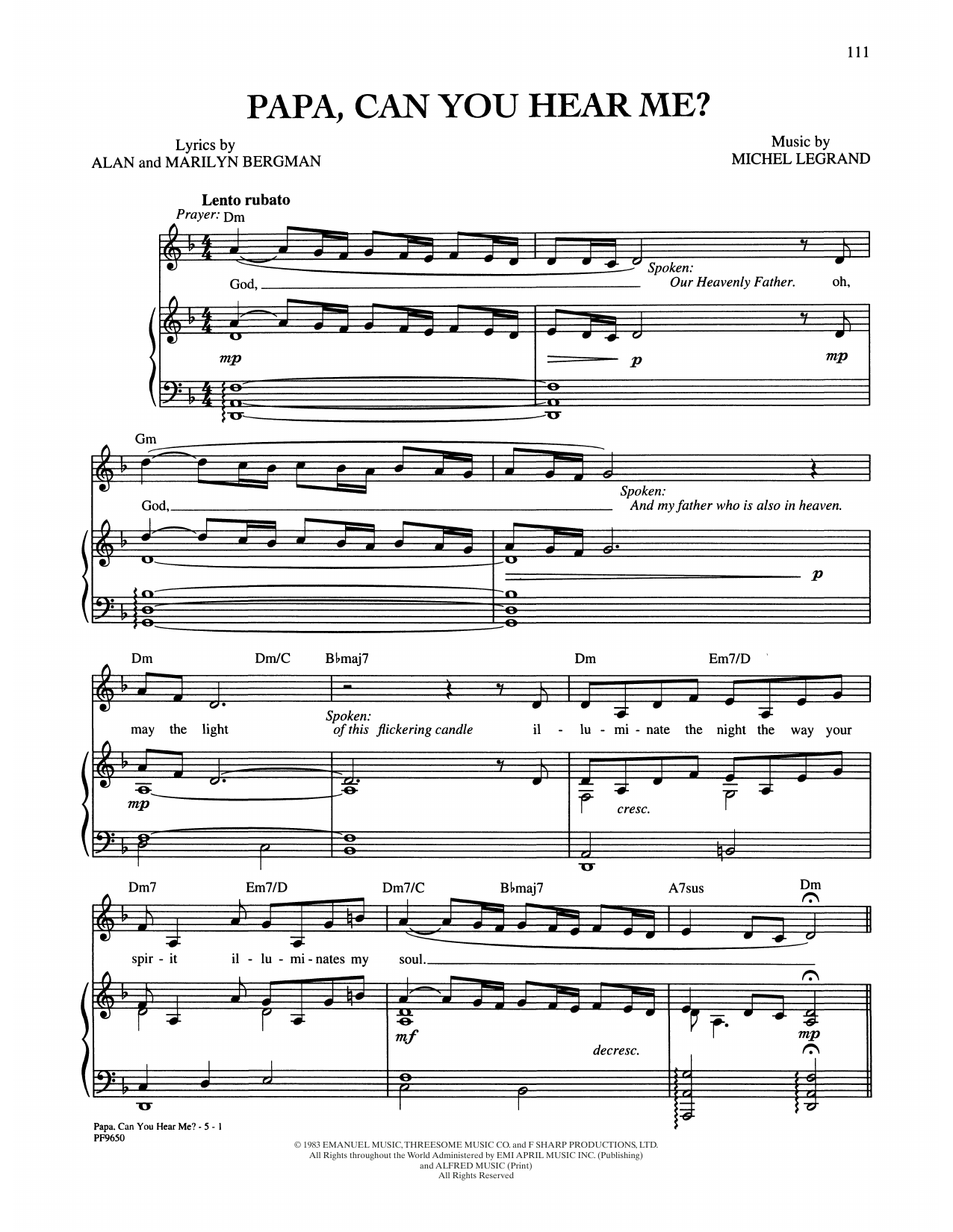 Barbra Streisand Papa, Can You Hear Me? (from Yentl) Sheet Music Notes & Chords for Piano, Vocal & Guitar Chords (Right-Hand Melody) - Download or Print PDF