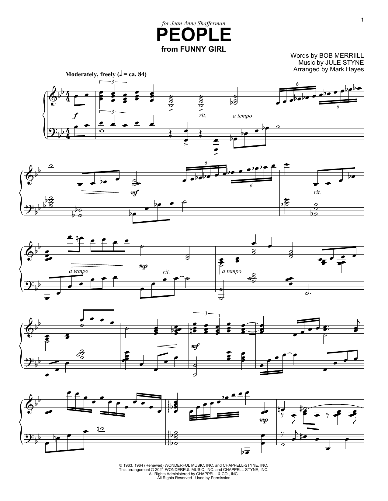 Barbra Streisand People (from Funny Girl) (arr. Mark Hayes) Sheet Music Notes & Chords for Piano Solo - Download or Print PDF