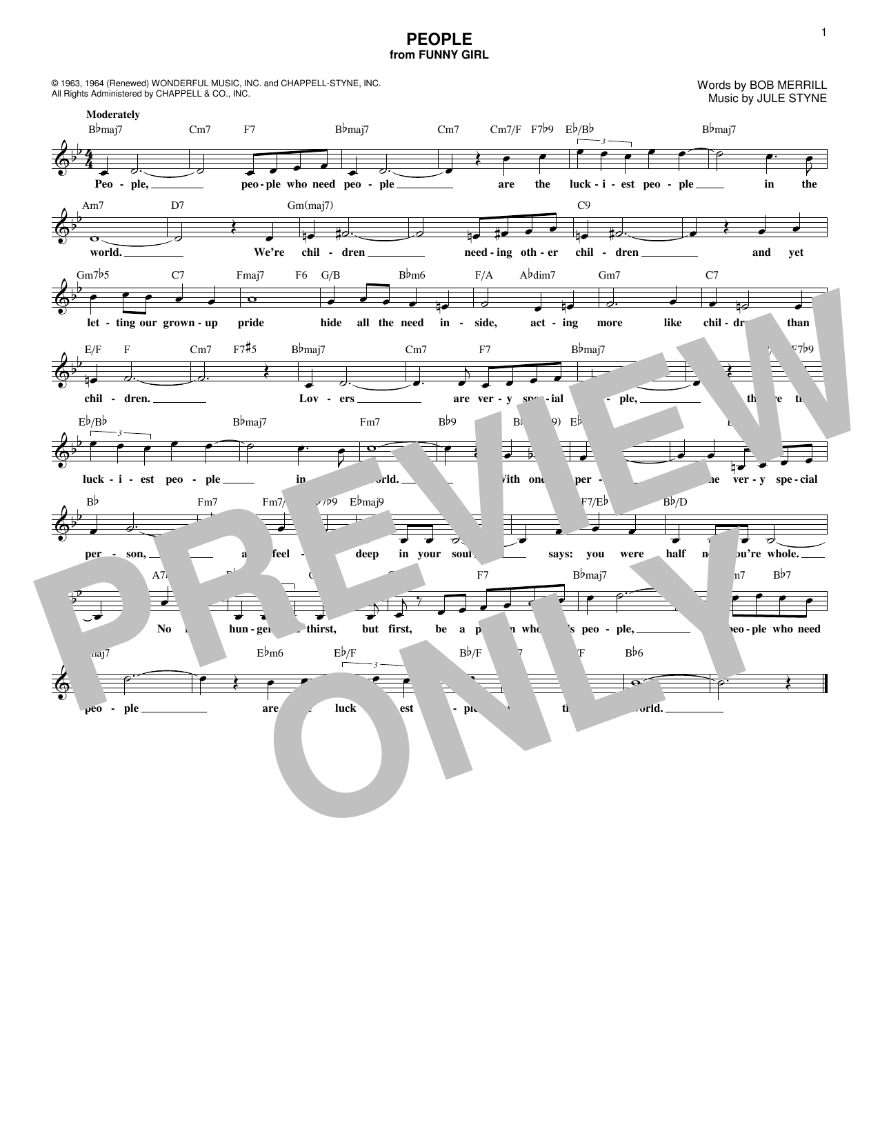 Jule Styne People Sheet Music Notes & Chords for Melody Line, Lyrics & Chords - Download or Print PDF