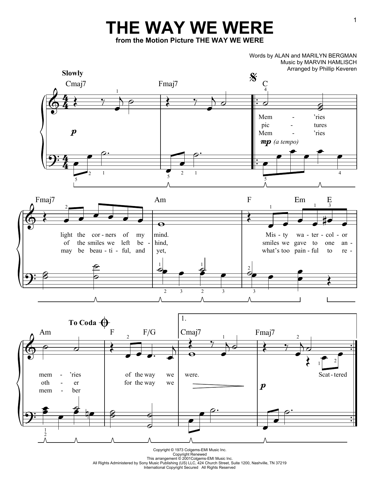 Barbra Streisand The Way We Were (arr. Phillip Keveren) Sheet Music Notes & Chords for Easy Piano - Download or Print PDF